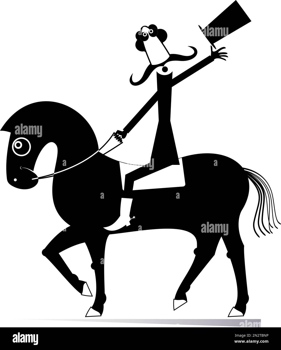 Le moustachu dans le chapeau supérieur monte sur l'illustration du cheval. Un homme de moustache à la main, qui se trouve dans le chapeau supérieur, monte sur le cheval, noir sur blanc Illustration de Vecteur