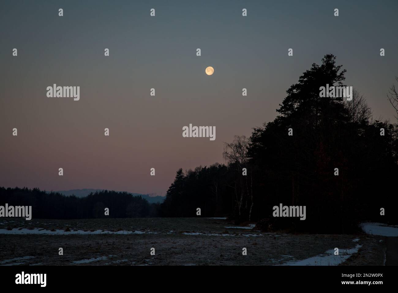 Pleine lune brillant sur un froid matin d'hiver, Waldviertel/ Autriche Banque D'Images