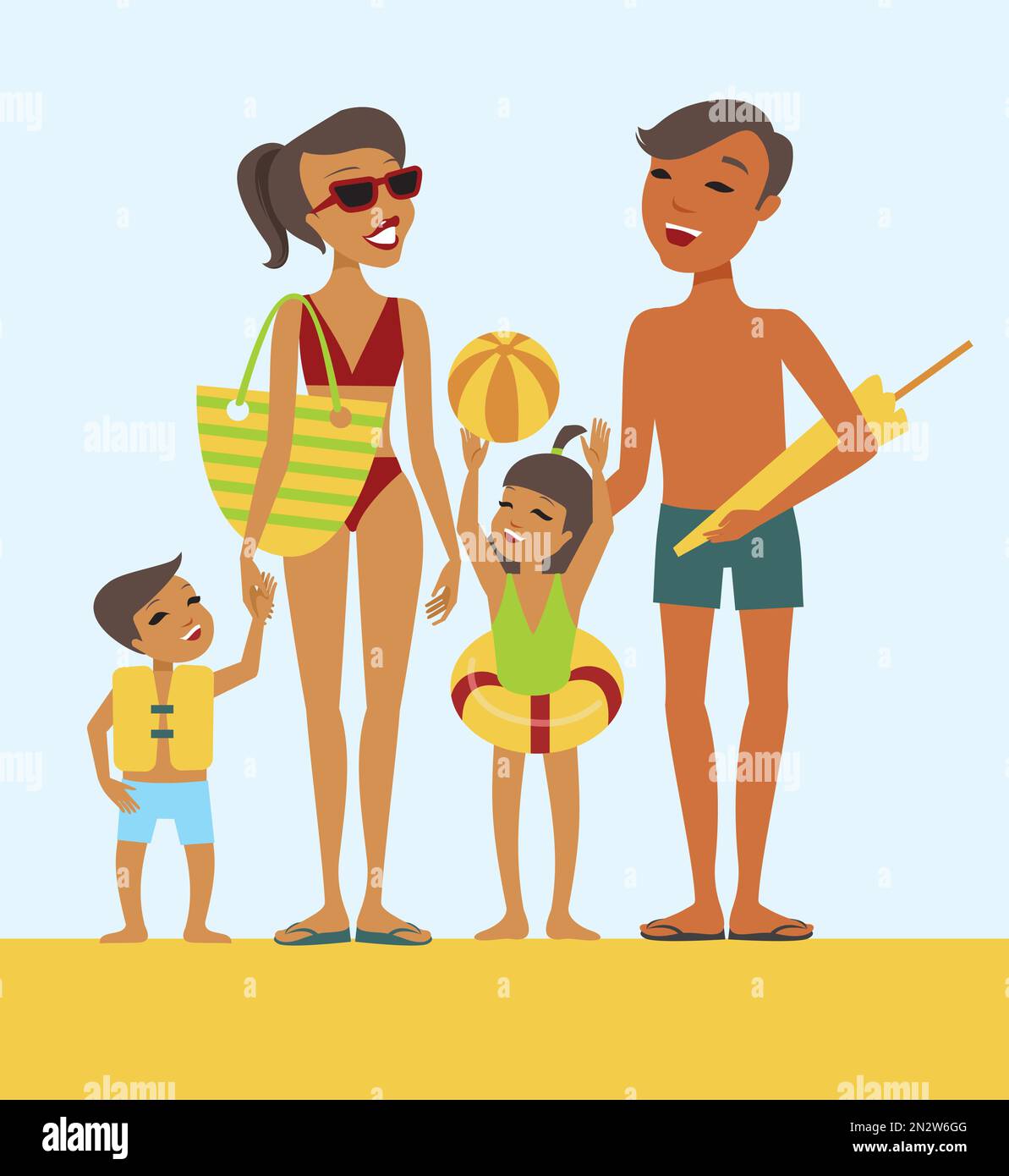 Jeune famille avec deux enfants sur la plage Illustration de Vecteur