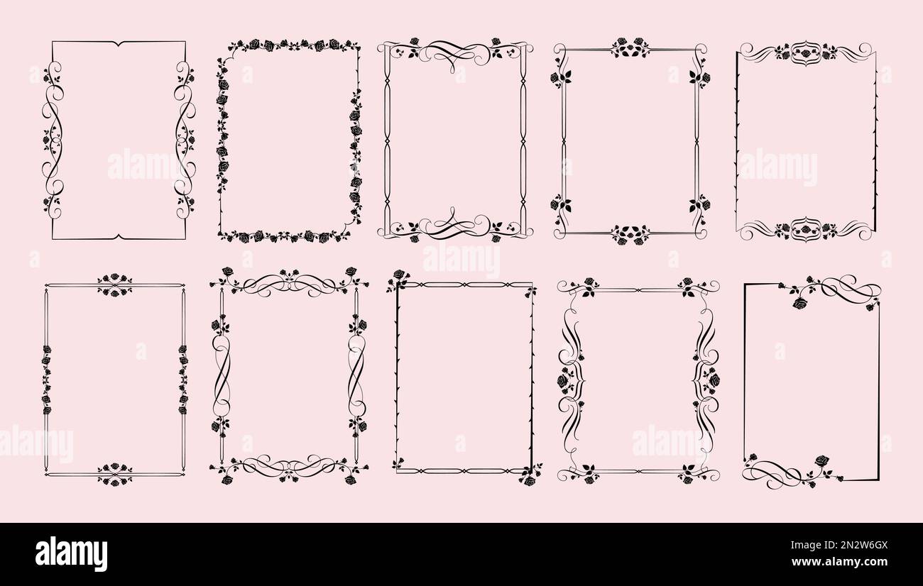 Cadres roses gothiques. Le Gothcore est bordé de fleurs, de feuilles et de pointes de roses. Ensemble vectoriel élégant et décoratif à motifs fleurés Illustration de Vecteur