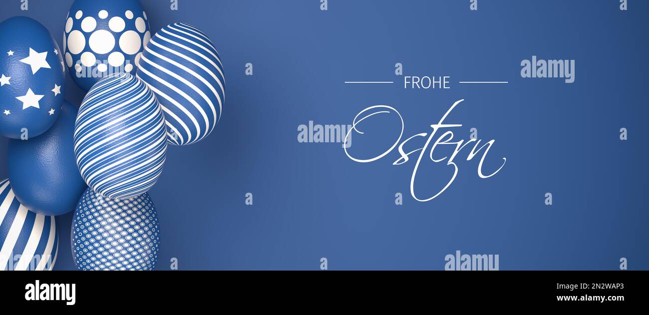 Oeufs de Pâques avec différentes textures en bleu classique sur un fond bleu sans couture. Texte 'joyeuses Pâques' en allemand 'Frohe Ostern'. Banque D'Images