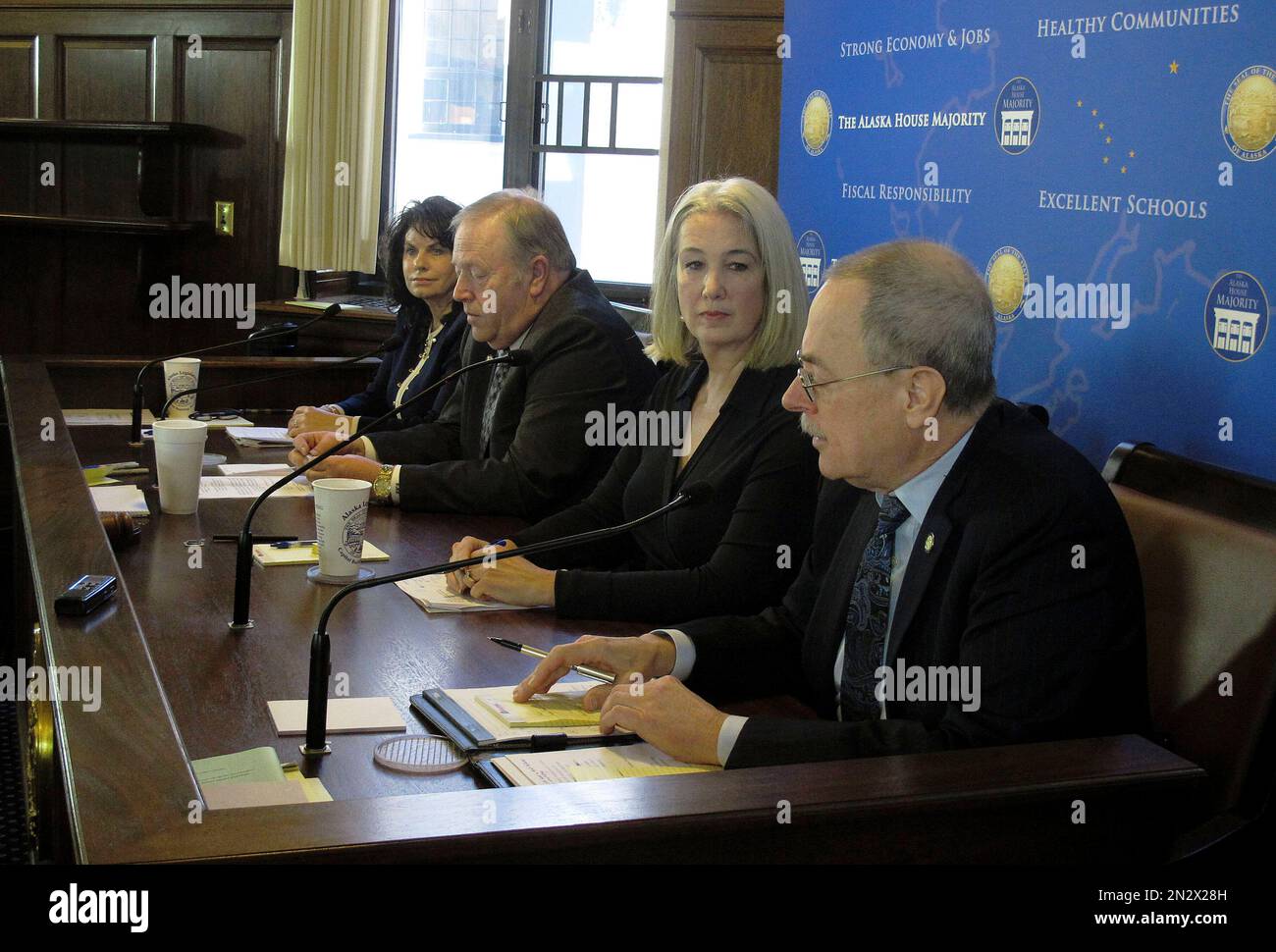 Reps. Mike Hawker, from right, speaks next to Cathy Munoz, House Speaker Mike Chenault, and Cathy Tilton during a weekly news conference of the Alaska House majority on Thursday, Feb. 26, 2015, in Juneau, Alaska. (AP Photo/Becky Bohrer) Banque D'Images
