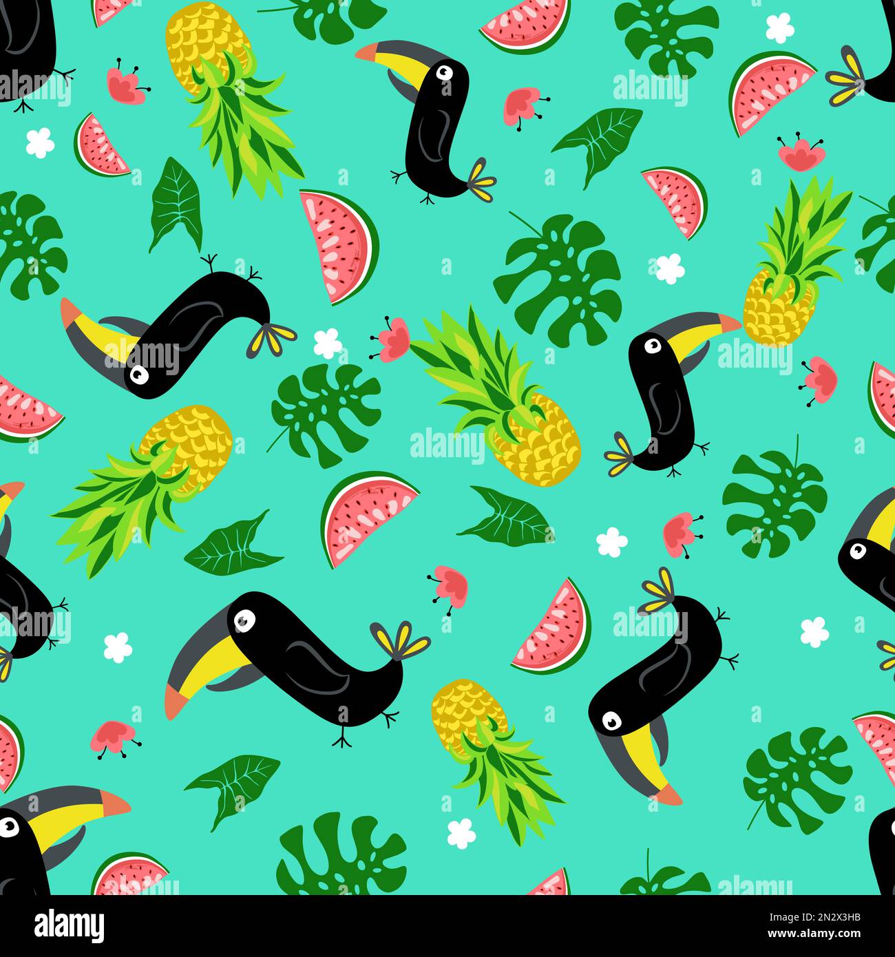 Motif oiseau drôle sans couture avec feuilles et fleurs, pastèque et ananas. Illustration de Vecteur