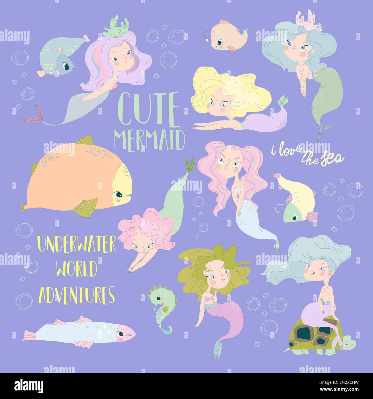 Ensemble de dessins animés avec de mignons Mermaids et Fuuny Fish Illustration de Vecteur