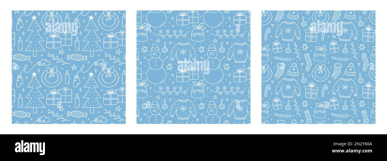 Ensemble de jolis motifs sans couture de Noël avec gribouillages sur fond bleu. Arbres de Noël, bonhommes de neige, cadeaux, guirlandes et autres. Illustration vectorielle dessinée à la main. Idéal pour emballer du papier, des décorations et des imprimés. Illustration de Vecteur