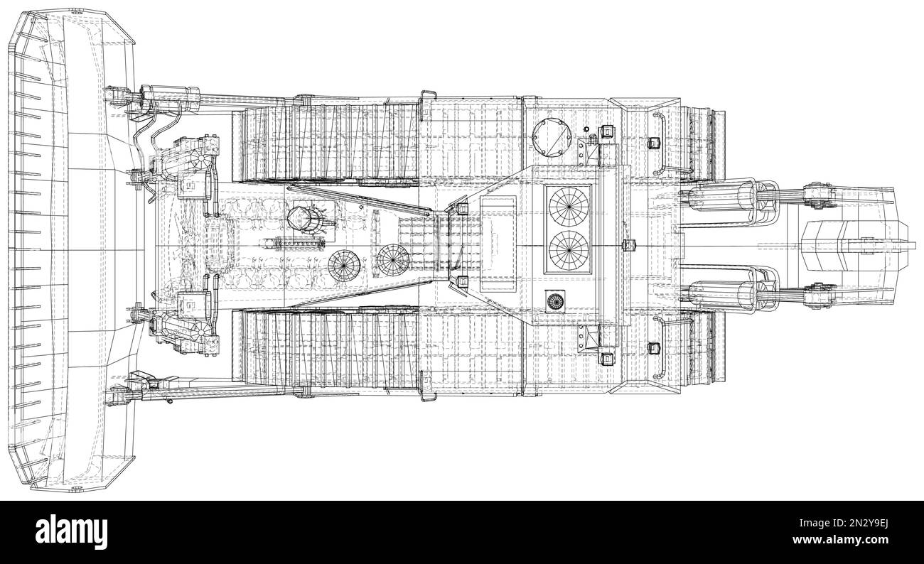 Bulldozer dans le style de contour. Ligne de châssis de fil isolée. Rendu vectoriel de 3D Illustration de Vecteur