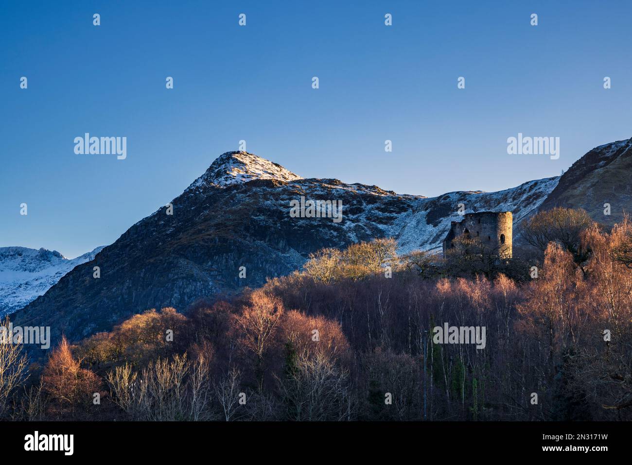 Château de Dolbadu avec une neige couverte Derlwyn montagne en fin d'après-midi soleil d'hiver, Gwynedd, au nord du pays de Galles Banque D'Images