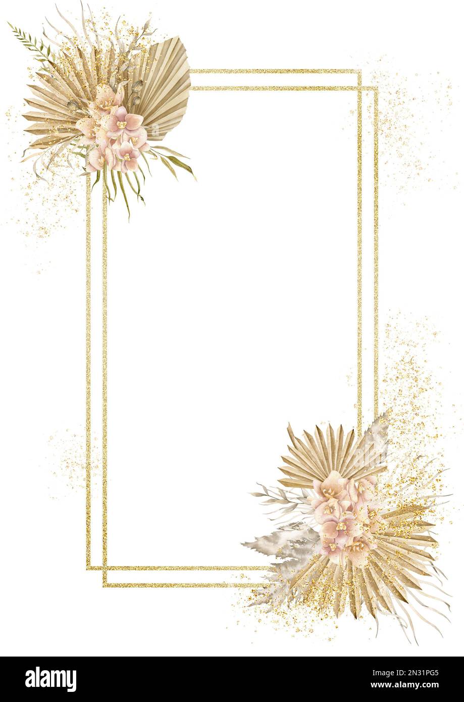 Cadre avec feuilles de palmier sèches, fleurs d'orchidées et texture dorée. Modèle rectangulaire aquarelle dessiné à la main pour les cartes de vœux ou les invitations de mariage sur fond isolé dans le style boho tropical. Banque D'Images