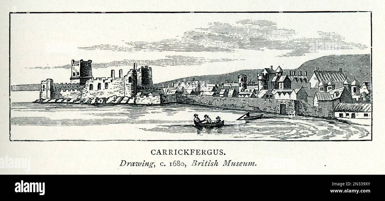 Illustration ancienne vue de Carrickfergus, Château, Comté d'Antrim, Irlande du Nord, à partir de 17th dessins du siècle, Histoire irlandaise, 1685 Banque D'Images