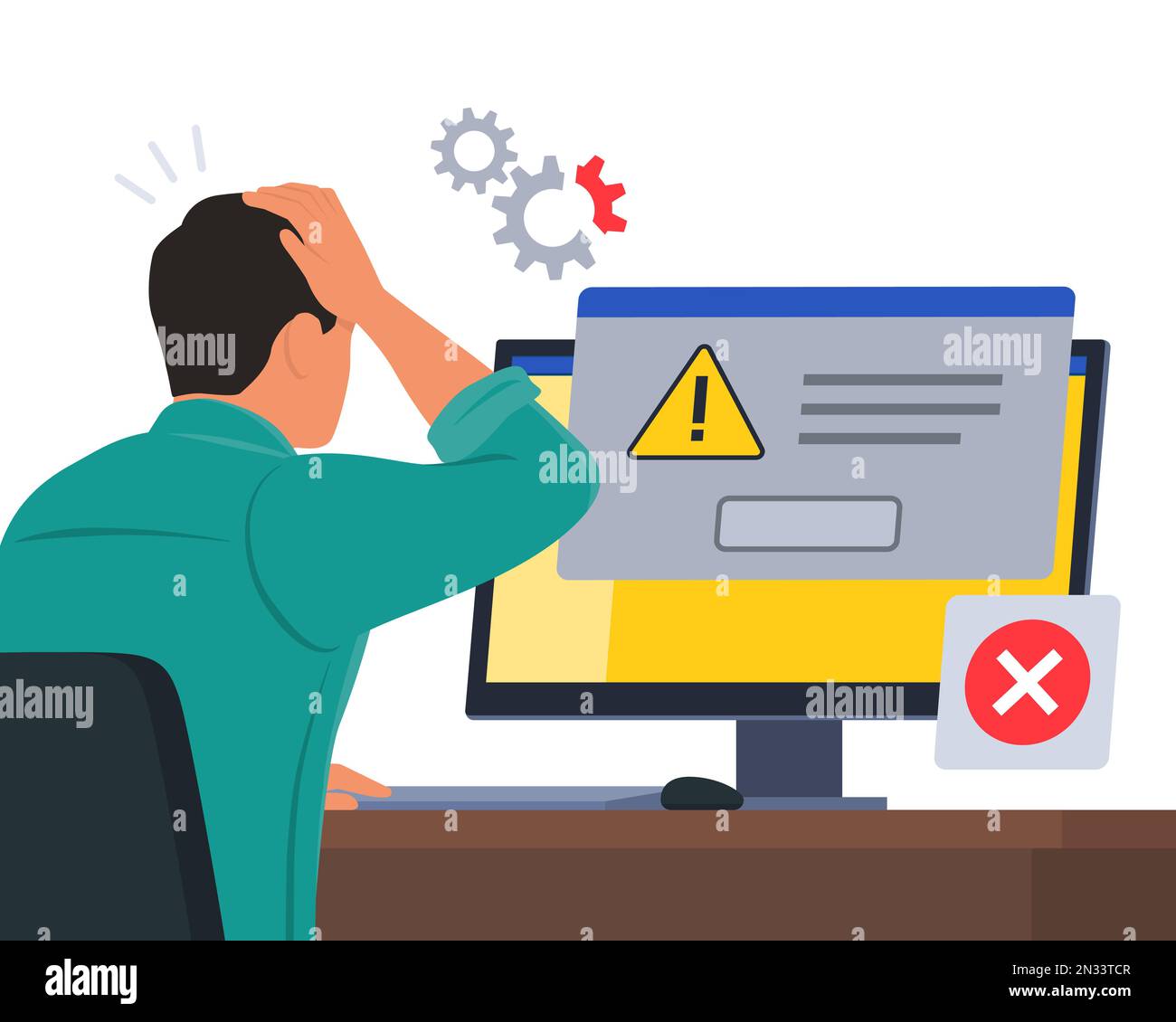 Homme assis à un bureau et utilisant un ordinateur, il reçoit une notification de message d'erreur dans une fenêtre de boîte de dialogue Illustration de Vecteur