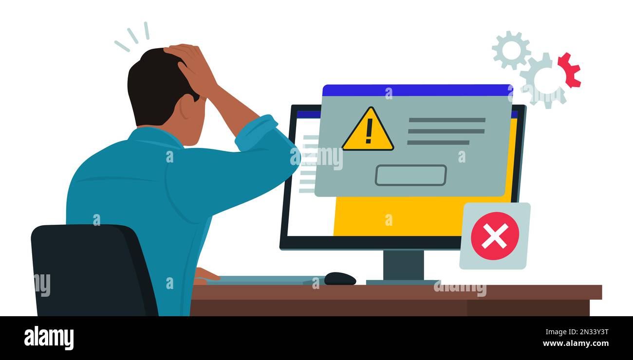 Homme assis à un bureau et utilisant un ordinateur, il reçoit une notification de message d'erreur dans une fenêtre de boîte de dialogue Illustration de Vecteur