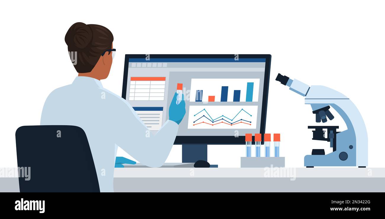 Scientifique professionnelle femme travaillant dans le laboratoire médical, elle vérifie les résultats des tests sur l'ordinateur et tient un flacon, un microscope et medica Illustration de Vecteur