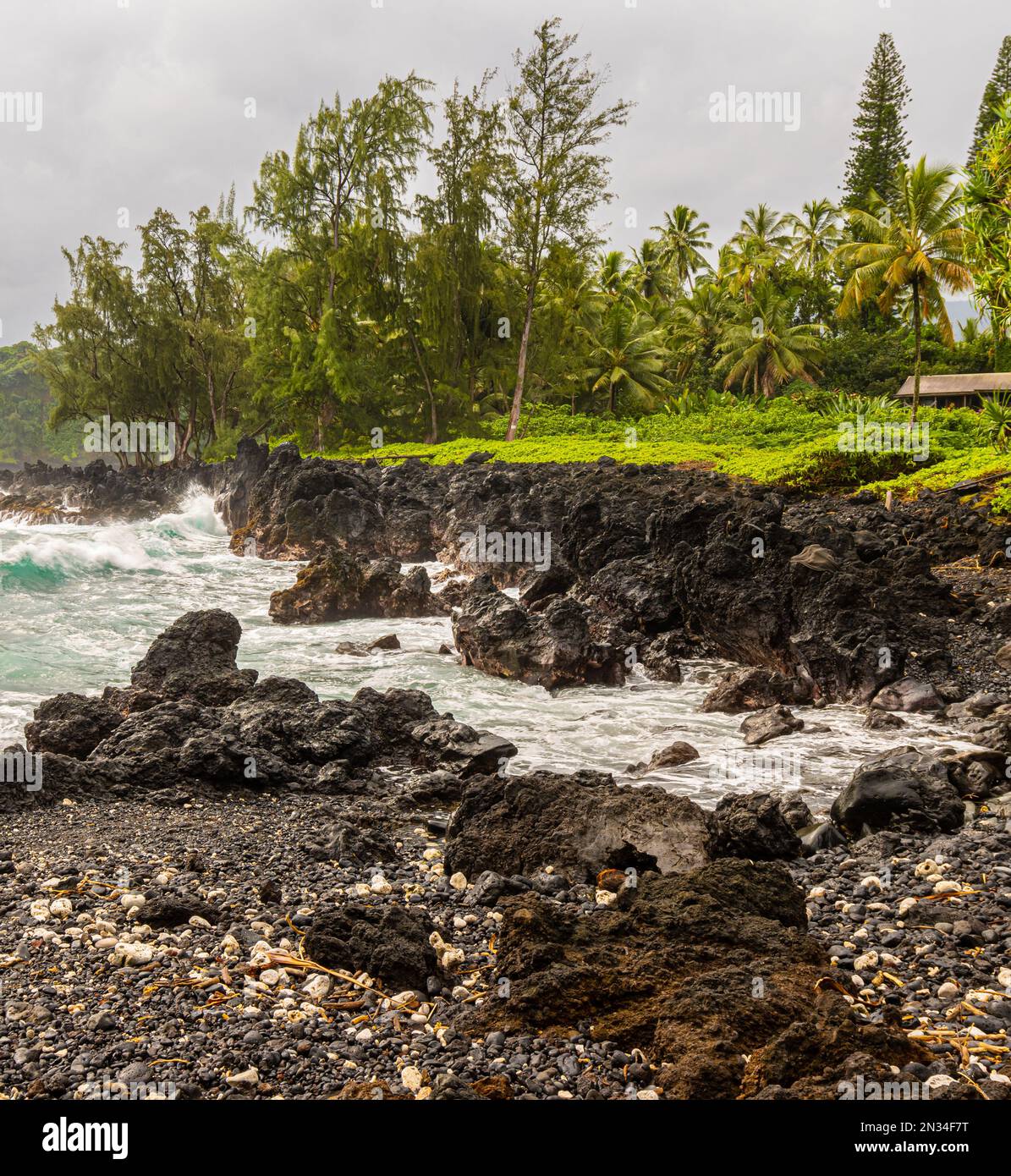 Vagues s'écrasant contre la côte sauvage de Keanae point, Keanae, Maui, Hawaii, États-Unis Banque D'Images