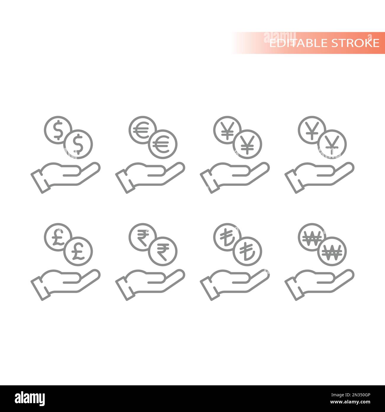 Jeu d'icônes de la ligne de pièces de monnaie de poche et d'argent humain. Icônes vectorielles de concept d'épargne et de paiement. Devises mondiales, symboles dollar, livre et euro. Illustration de Vecteur