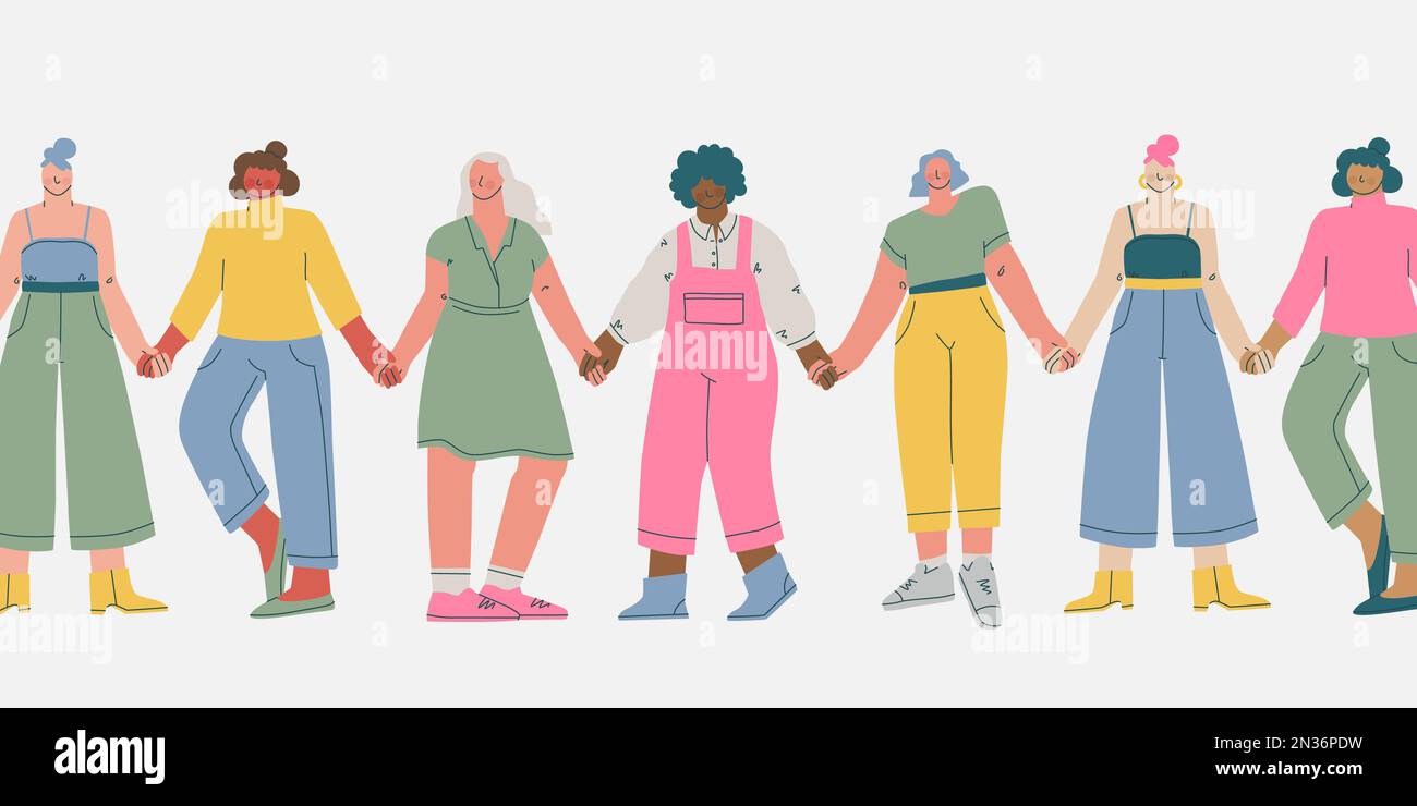 Groupe de femmes de différentes nationalités et couleurs de peau tiennent les mains. L'unification et la solidarité des femmes, le féminisme dans le monde entier. Vecteur Illustration de Vecteur
