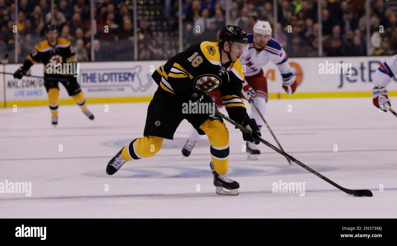 Boston Bruins right wing Reilly Smith (18) looks to pass against the New York Rangers during the second period of an NHL hockey game in Boston, Thursday, Jan. 15, 2015. (AP Photo/Charles Krupa) Banque D'Images