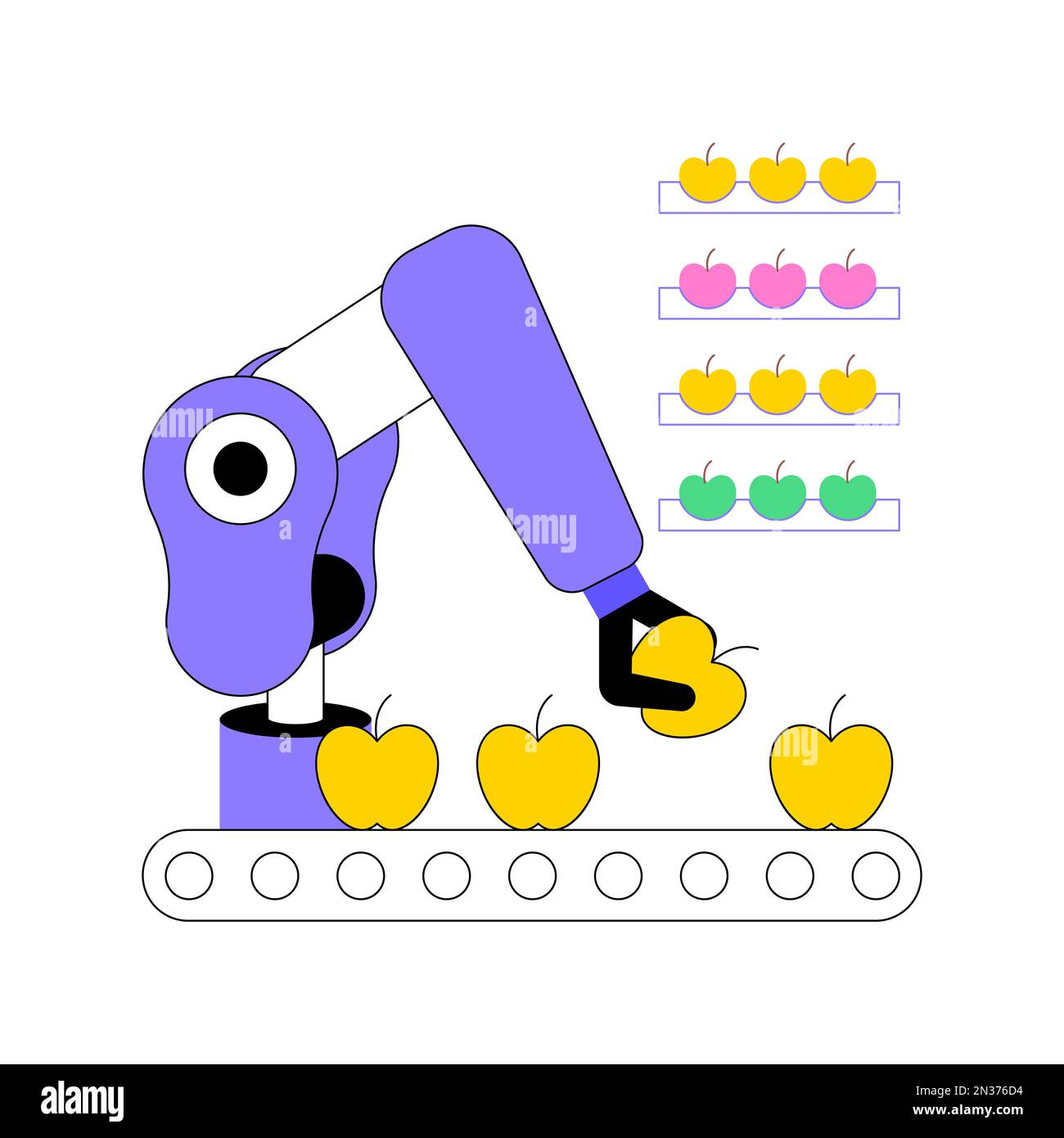 Les robots de tri et d'emballage ont isolé des illustrations vectorielles de dessins animés. Pommes d'emballage robotisées, industrie agricole, agriculture intelligente, innovation dans l'agro-industrie, dessin animé vectoriel de la technologie moderne. Illustration de Vecteur