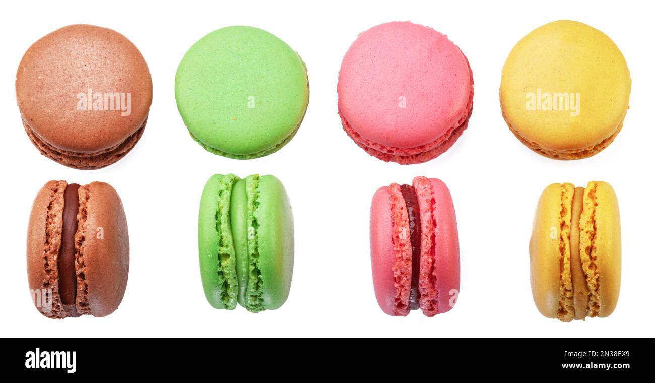 Ensemble de macarons français colorés isolés sur fond blanc. Banque D'Images