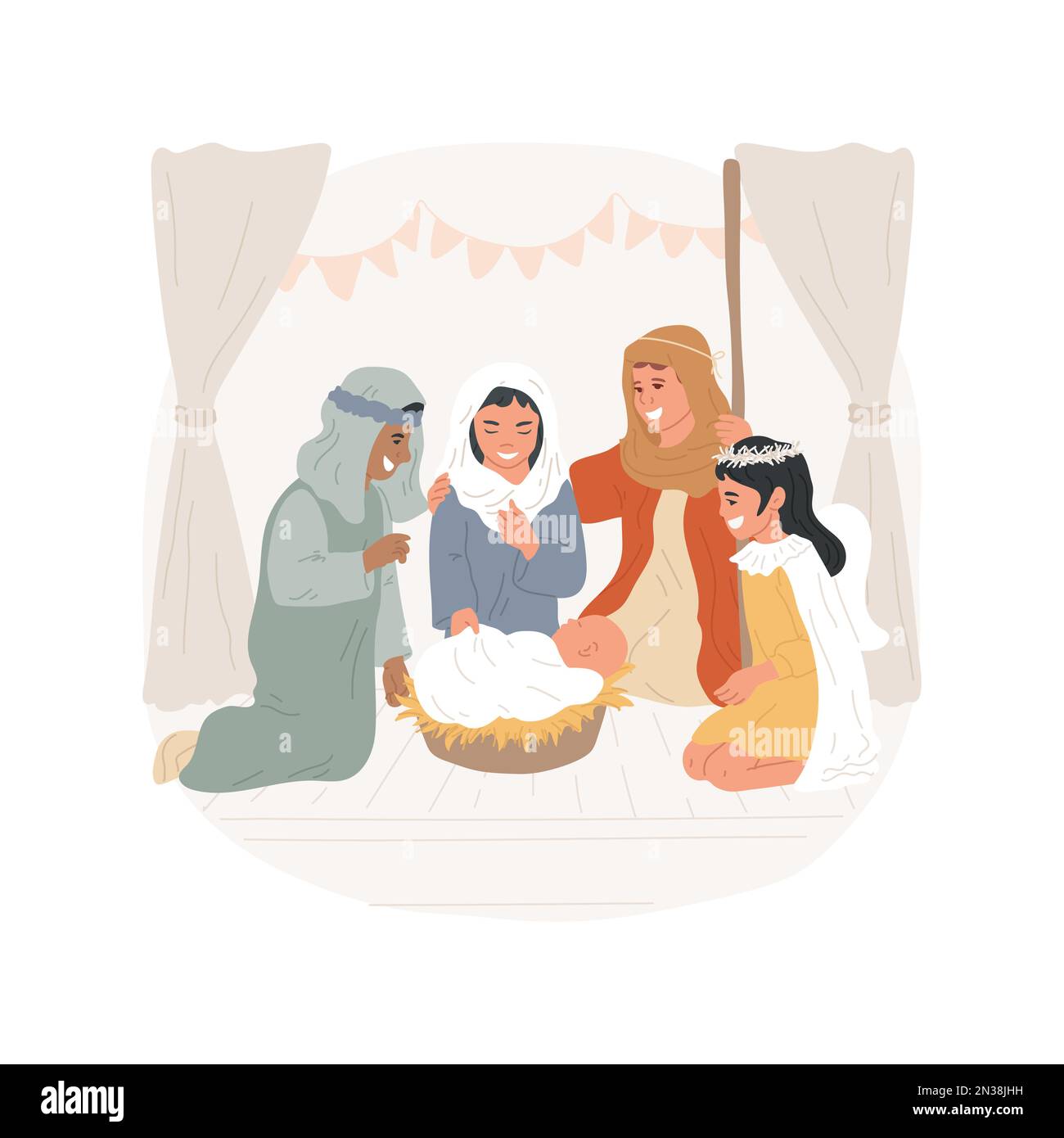 Nativité jouer une illustration de vecteur de dessin animé isolé. Groupe de petits enfants en costumes traditionnels prenant part à la nativité jeu, fêtes religieuses fête, Saint jours vecteur bande dessinée. Illustration de Vecteur