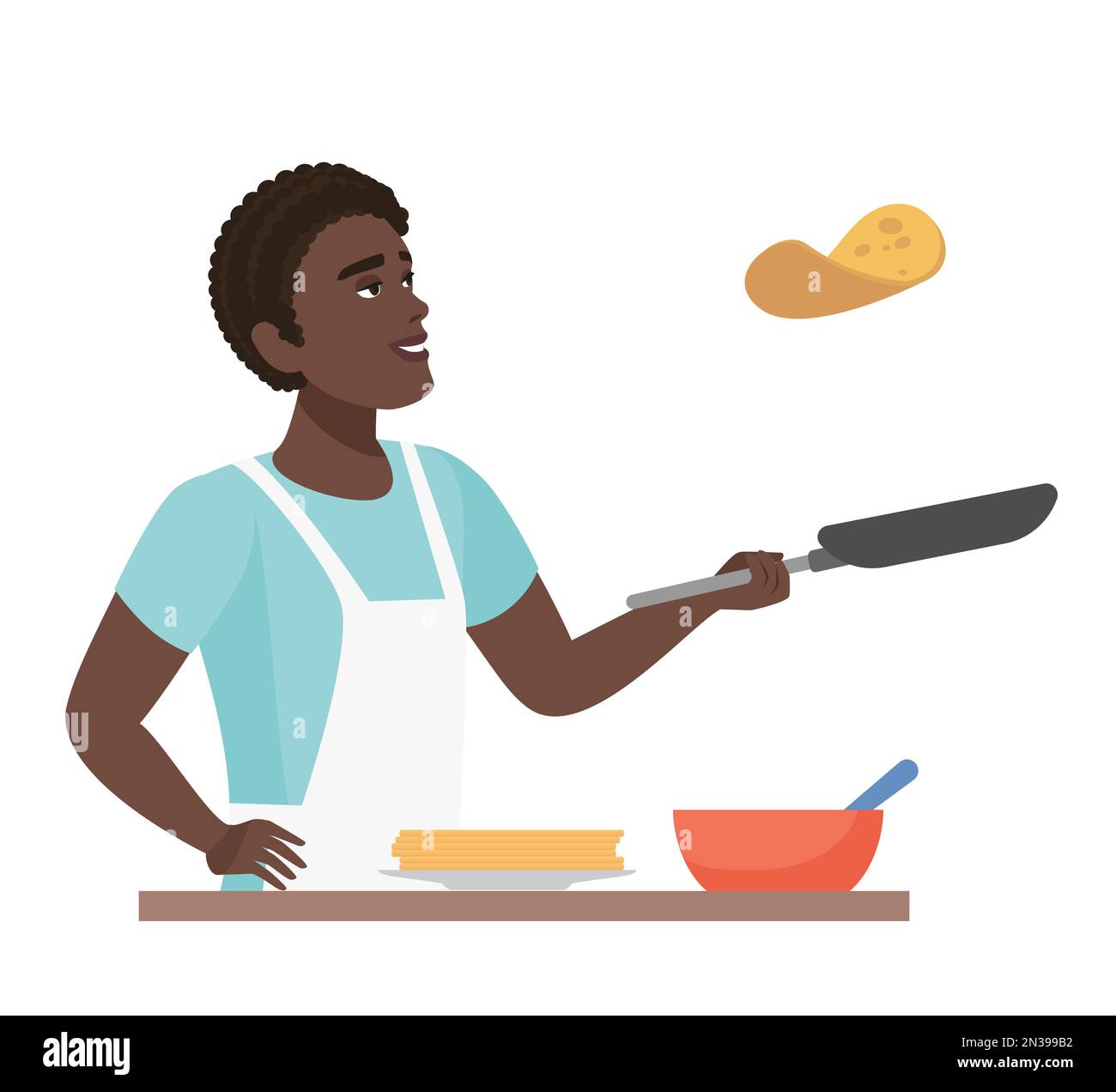 L'homme africain fait des crêpes. Cuisine dans la cuisine, illustration de dessin animé de recette de chef Illustration de Vecteur