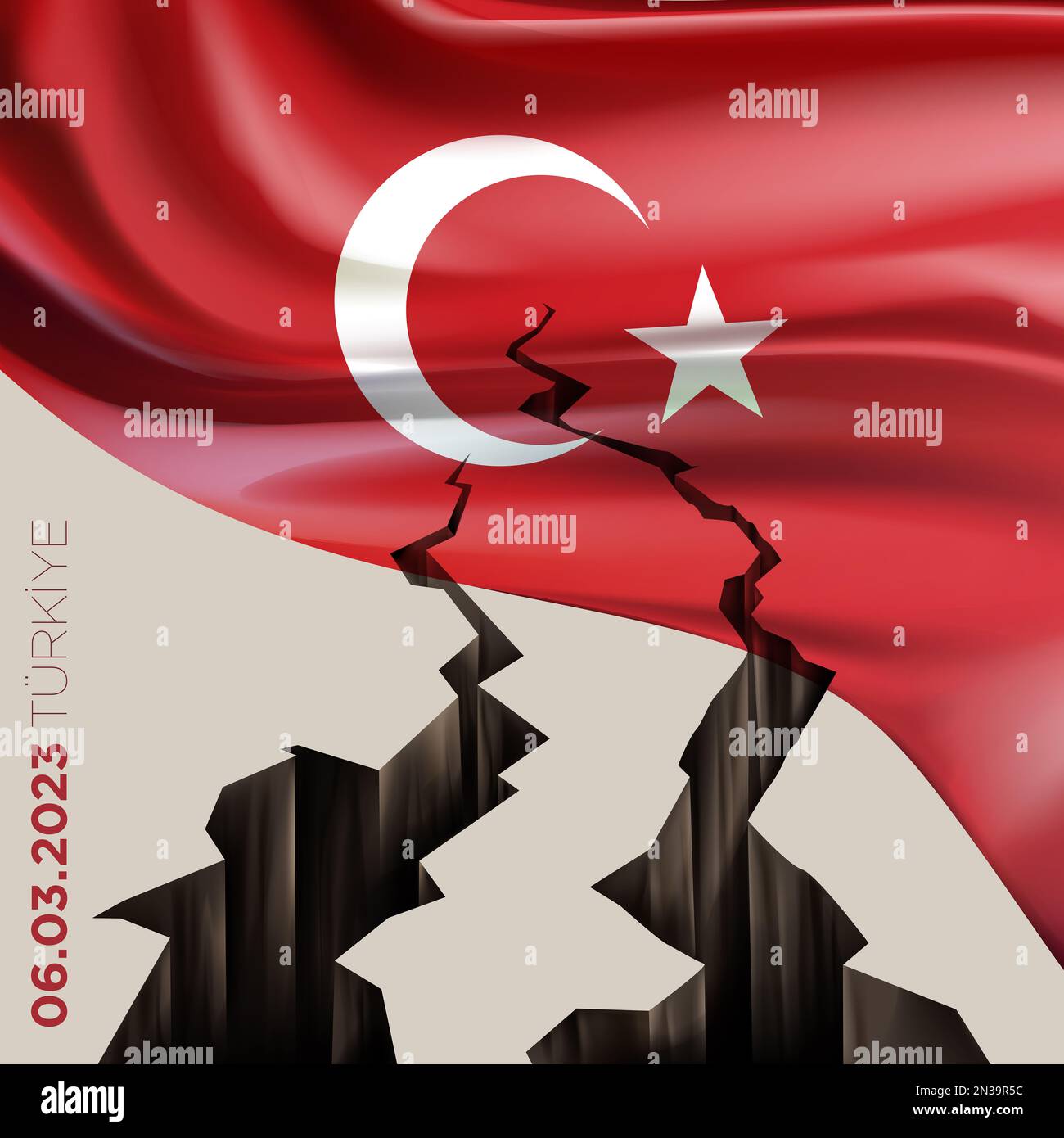 Séisme catastrophique dans le sud-est de la Turquie. Catastrophe naturelle à Kahramanmaras, au Turkiye, le 06 février 2023. Fissures massives drapeau turc Banque D'Images Séisme catastrophique dans le sud-est de la Turquie. Catastrophe naturelle à Kahramanmaras, au Turkiye, le 06 février 2023. Fissures massives drapeau turc Banque D'Images