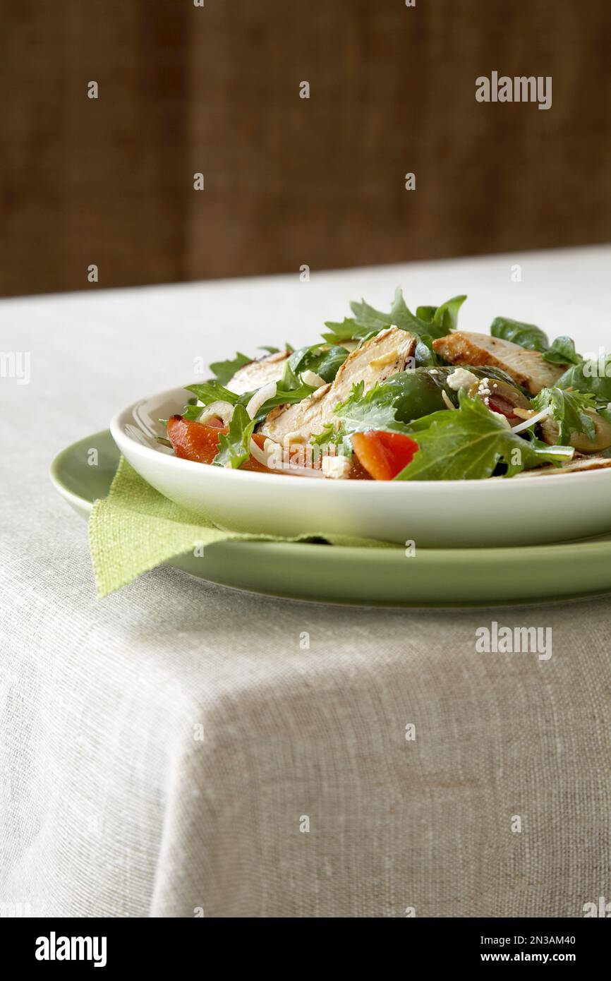 Salade de poulet grillée avec tomates et légumes verts dans un bol peu profond Banque D'Images