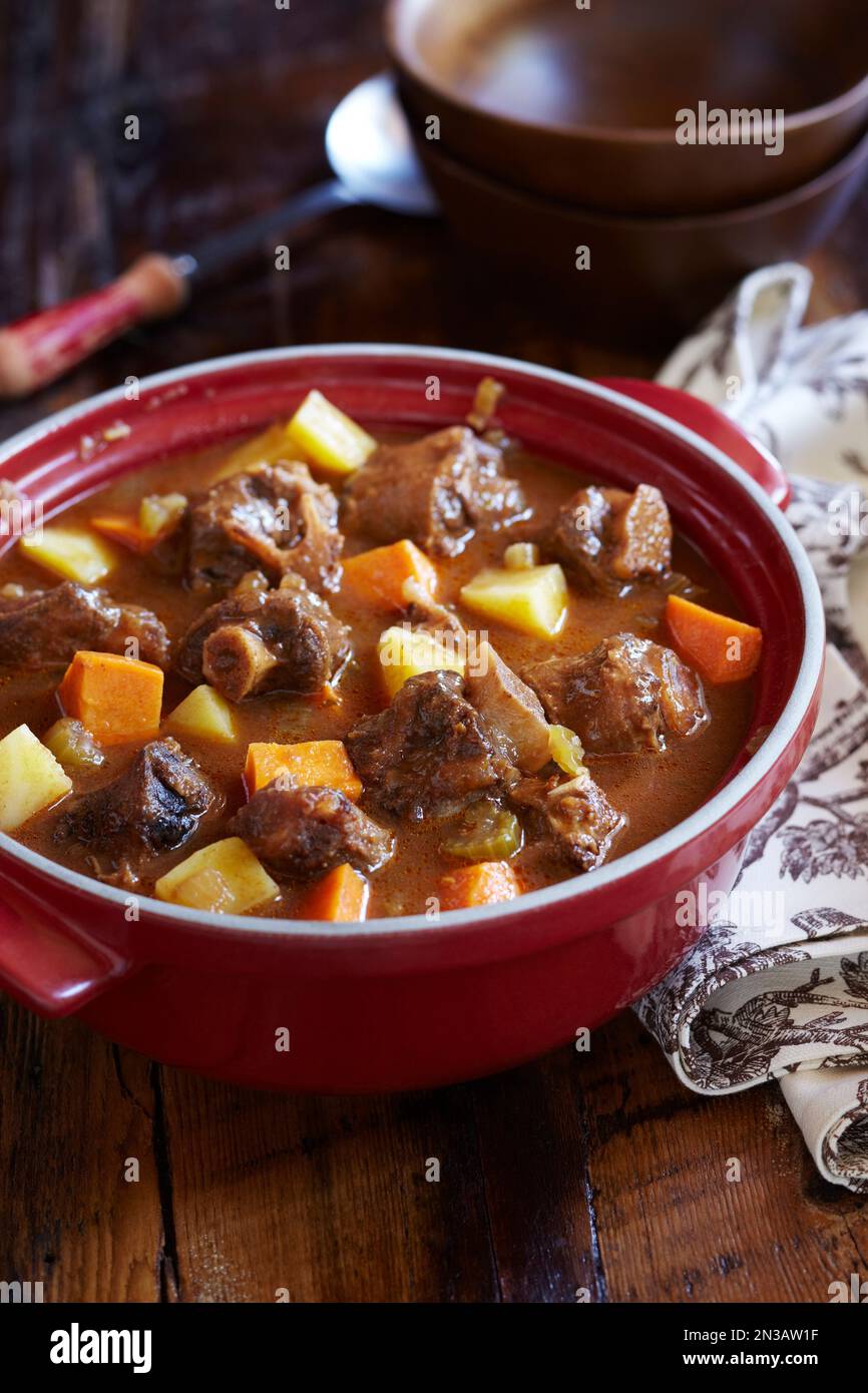 Ragoût de queue d'aronde dans un plat de cocotte avec des légumes-racines Banque D'Images