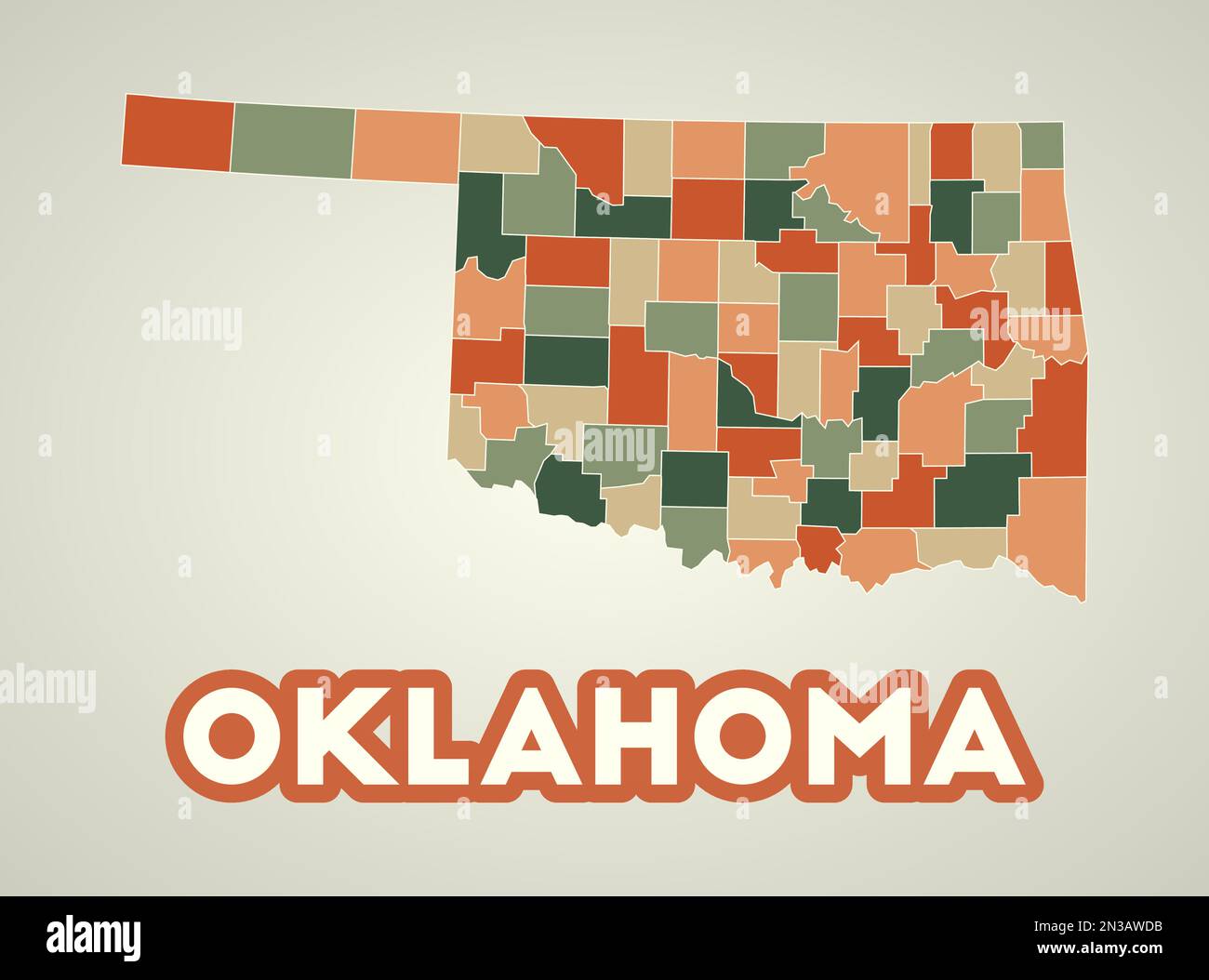 Affiche Oklahoma dans un style rétro. Carte de l'état des États-Unis avec les régions dans la palette de couleurs d'automne. Forme de l'Oklahoma avec le nom de l'état américain. Illustration de Vecteur