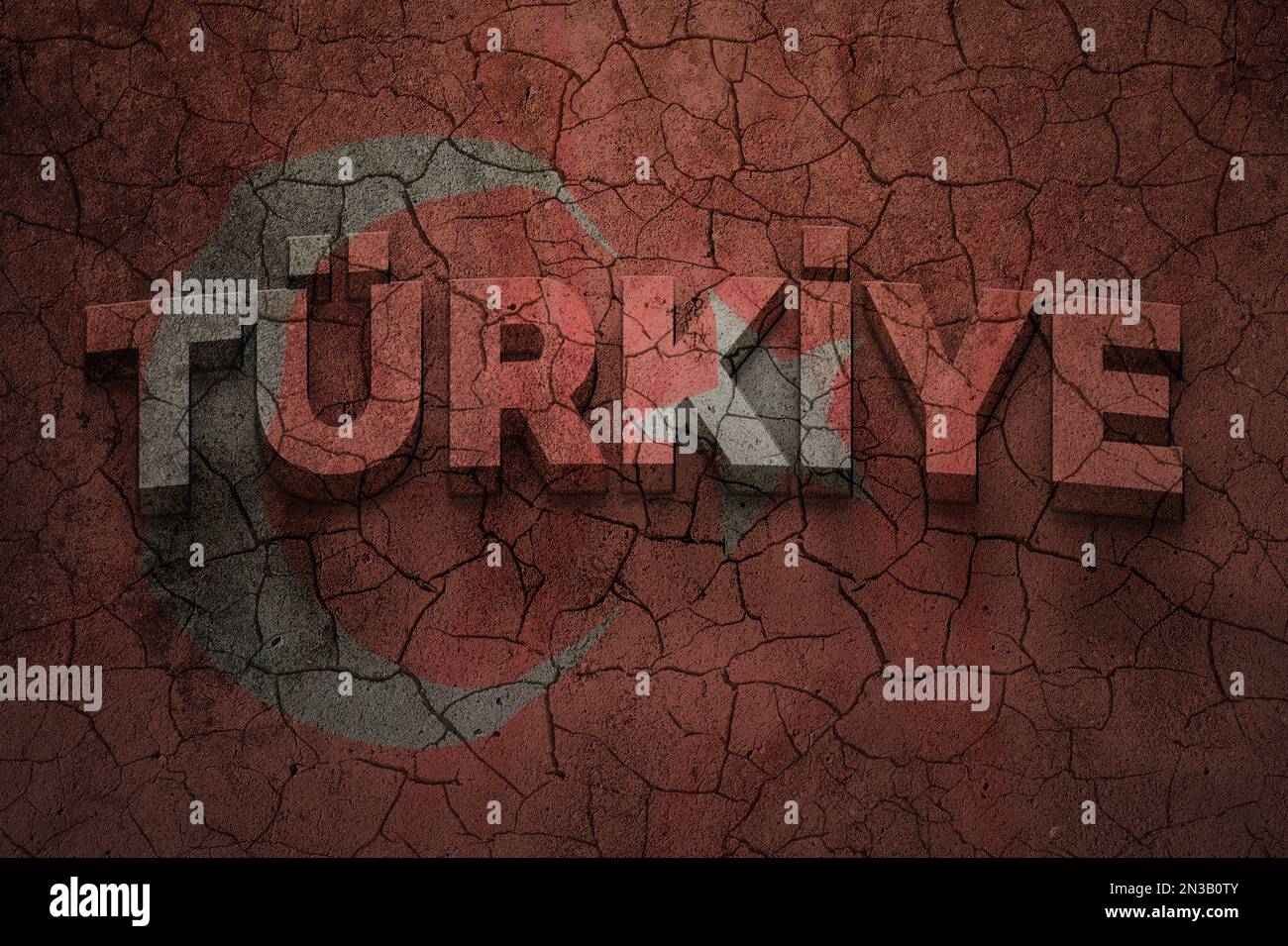 Séisme catastrophique dans le sud-est de la Turquie. Catastrophe naturelle à Kahramanmaras, Turkiye 06 février 2023. Bâtiment détruit le drapeau turc Banque D'Images Séisme catastrophique dans le sud-est de la Turquie. Catastrophe naturelle à Kahramanmaras, Turkiye 06 février 2023. Bâtiment détruit le drapeau turc Banque D'Images