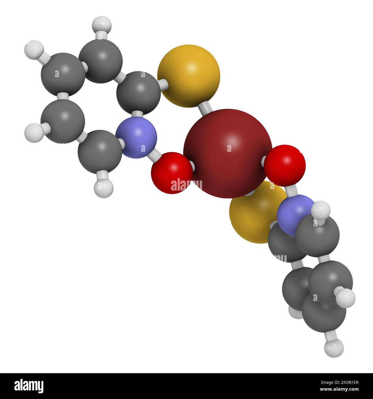 Molécule de pyrithione de zinc. 3D rendu. Les atomes sont représentés sous forme de sphères avec un codage couleur conventionnel : hydrogène (blanc), carbone (gris), oxygène (rouge) Banque D'Images