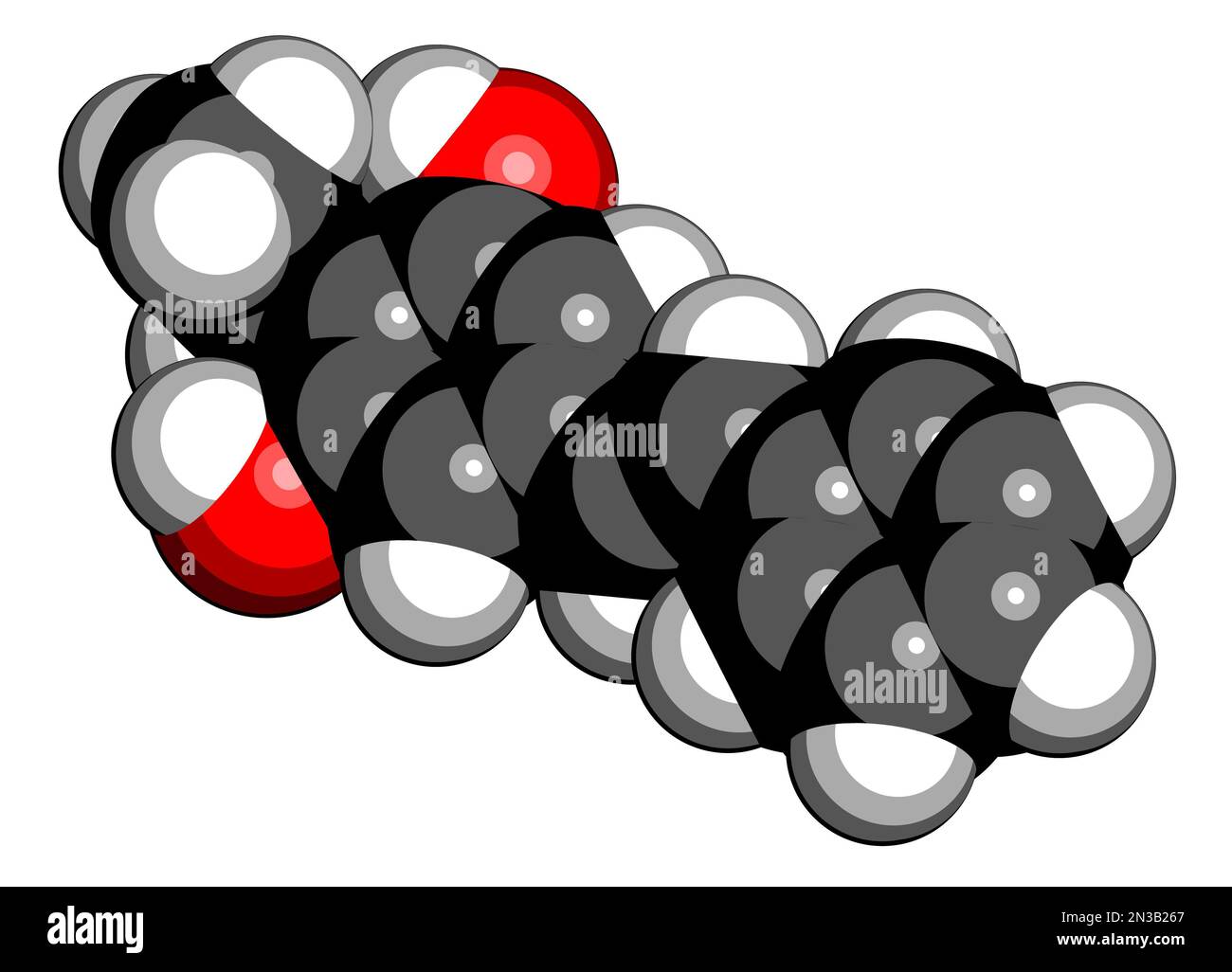 Molécule de médicament de psoriasis de Tapinarof. 3D rendu. Les atomes sont représentés sous forme de sphères avec un codage couleur conventionnel : hydrogène (blanc), carbone (noir), ox Banque D'Images