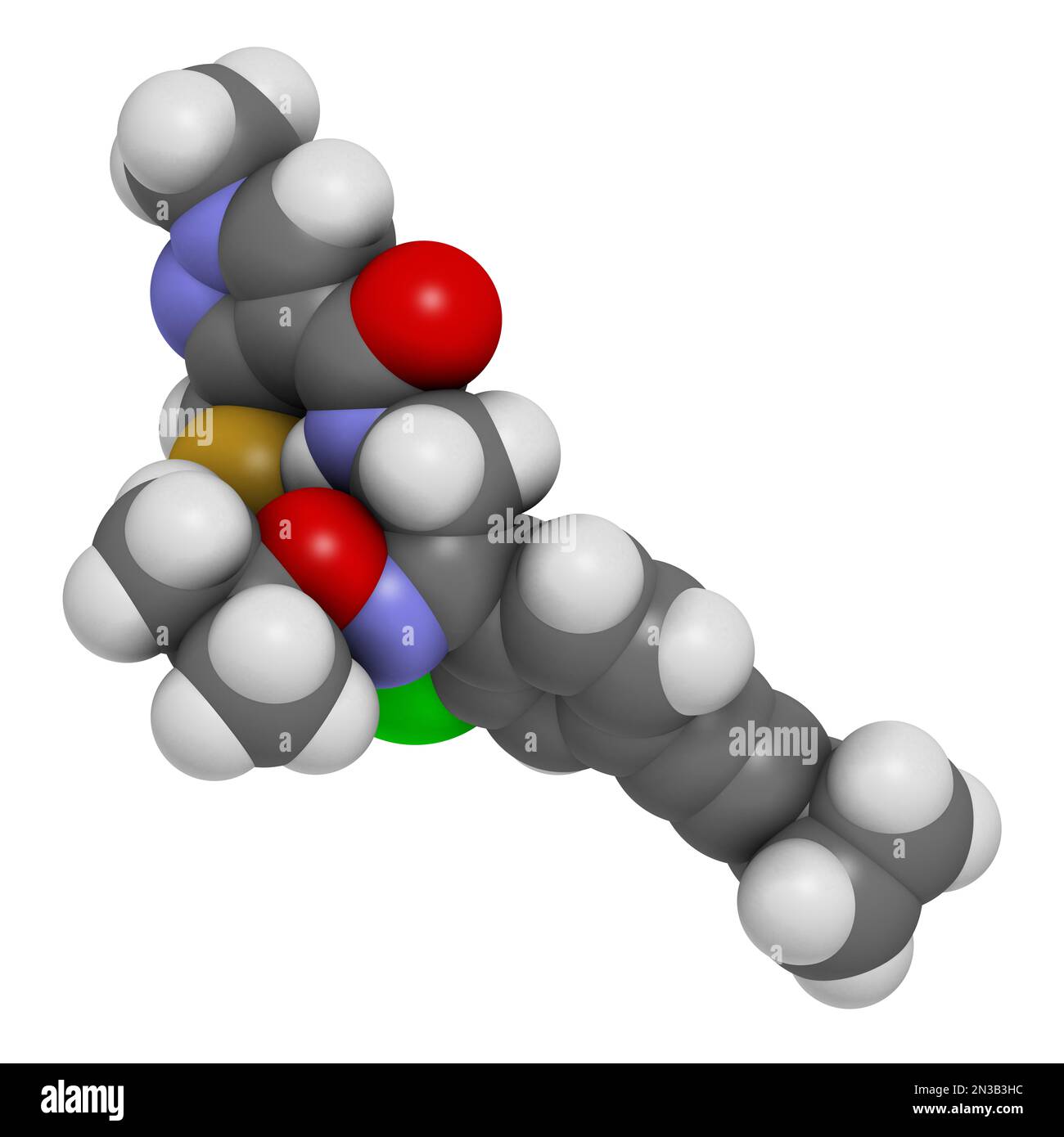 Molécule de fongicide Pyrapropoyne. 3D rendu. Les atomes sont représentés sous forme de sphères avec un codage couleur conventionnel : hydrogène (blanc), carbone (gris), oxyge Banque D'Images