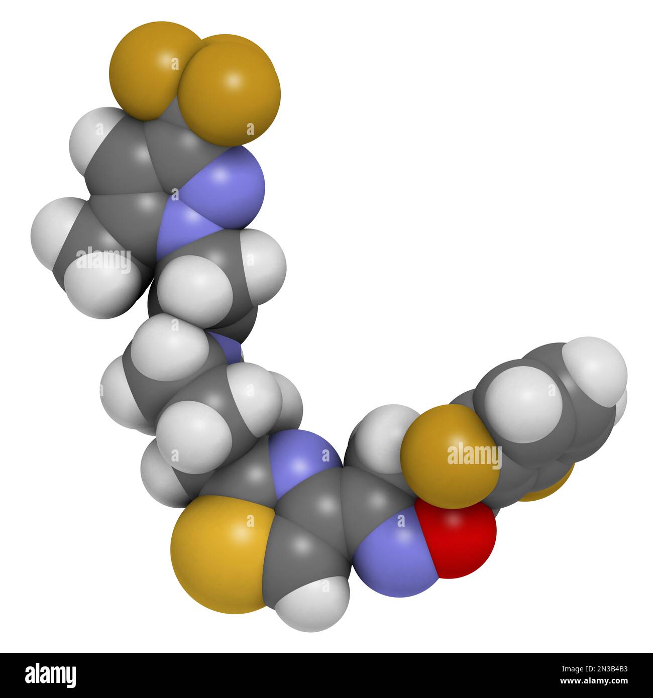 Molécule de fongicide Oxathiapiprolin. 3D rendu. Les atomes sont représentés sous forme de sphères avec un codage couleur conventionnel : hydrogène (blanc), carbone (gris), ox Banque D'Images