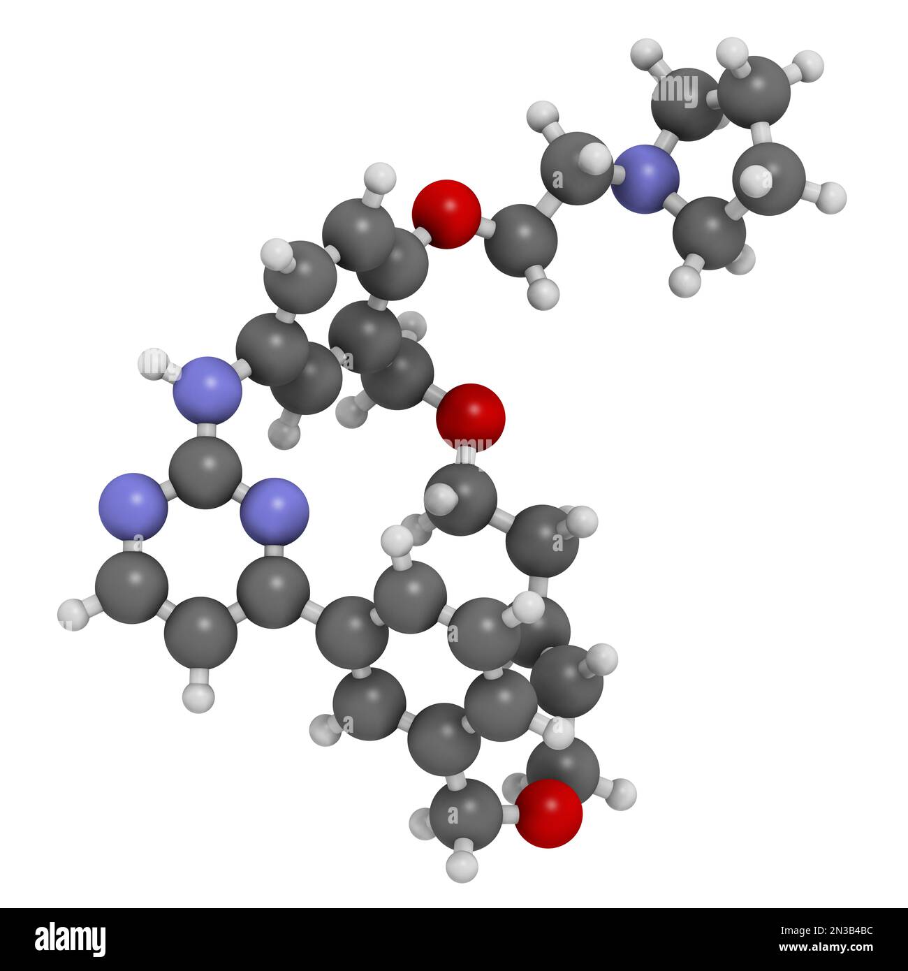 Molécule de médicament contre le cancer du Pacrittinib. 3D rendu. Les atomes sont représentés sous forme de sphères avec un codage couleur conventionnel : hydrogène (blanc), carbone (gris), nitro Banque D'Images