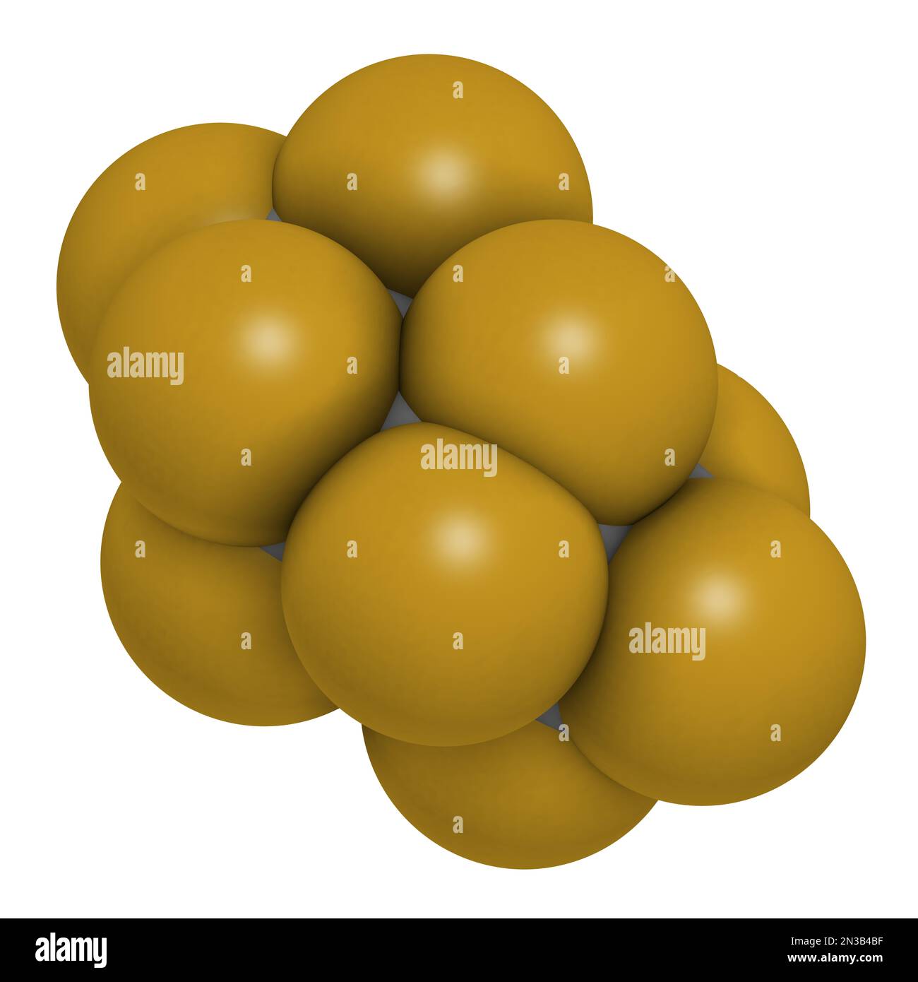 Molécule de perfluorobutane. 3D rendu. Les atomes sont représentés sous forme de sphères avec un codage couleur conventionnel : carbone (gris), fluor (or). Banque D'Images