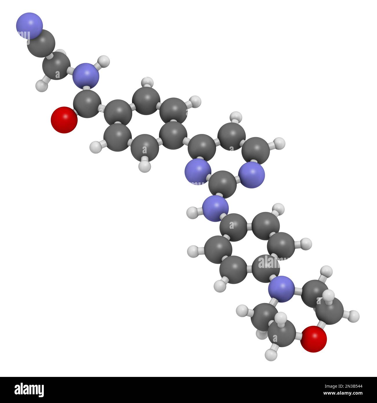 Molécule de médicament de Momelotinib. 3D rendu. Les atomes sont représentés sous forme de sphères avec un codage couleur conventionnel : hydrogène (blanc), carbone (gris), azote (b Banque D'Images