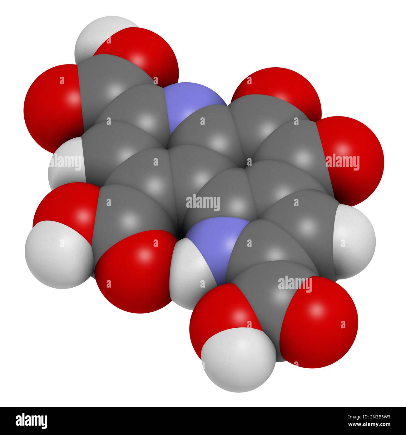 Molécule de cofacteur rédox de méthoxatine. 3D rendu. Les atomes sont représentés sous forme de sphères avec un codage couleur conventionnel : hydrogène (blanc), carbone (gris), ox Banque D'Images