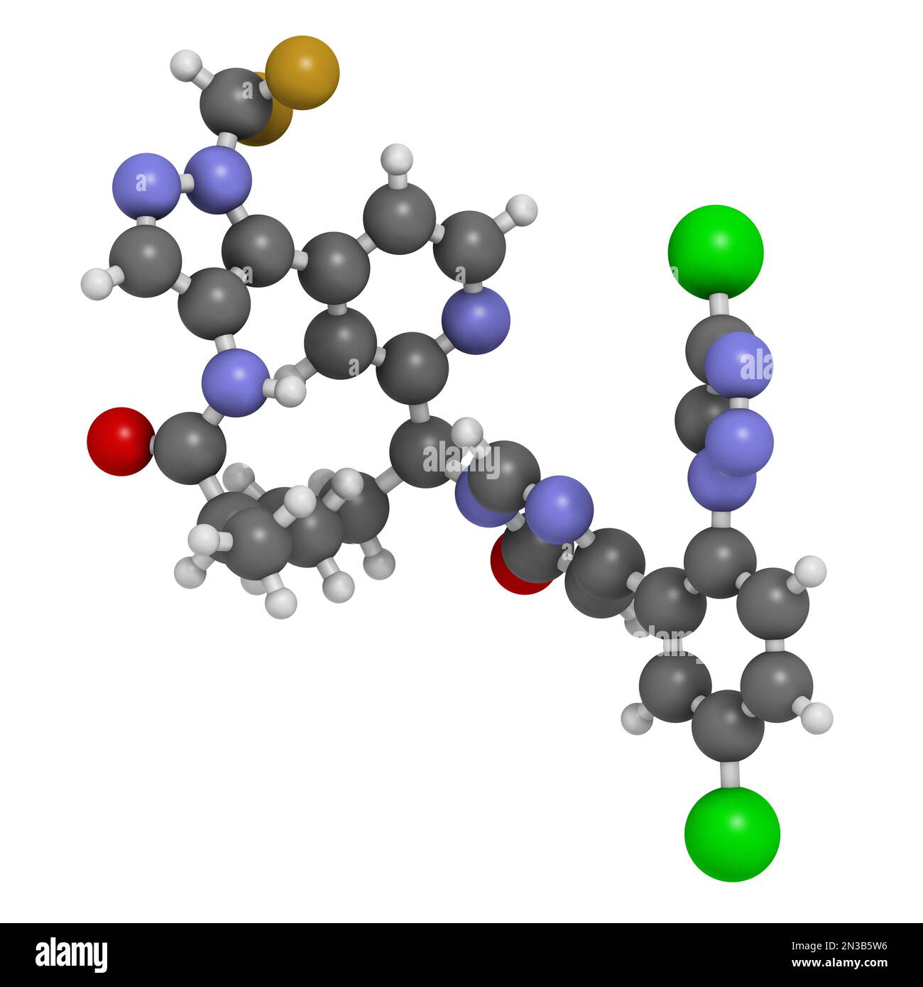Molécule de médicament anticoagulant Milvexian. 3D rendu. Les atomes sont représentés sous forme de sphères avec un codage couleur conventionnel : hydrogène (blanc), carbone (gris), Banque D'Images