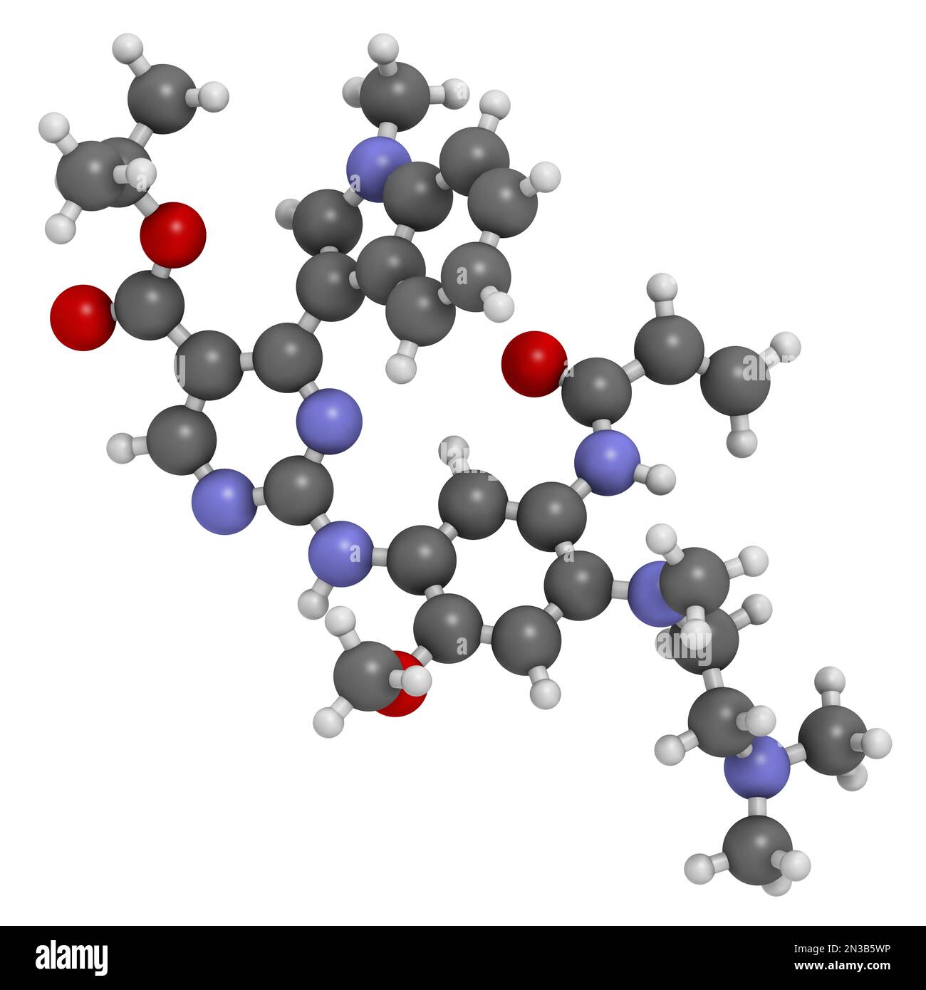 Molécule de médicament de cancer de Mobocertinib. 3D rendu. Les atomes sont représentés sous forme de sphères avec un codage couleur conventionnel : hydrogène (blanc), carbone (gris), nit Banque D'Images