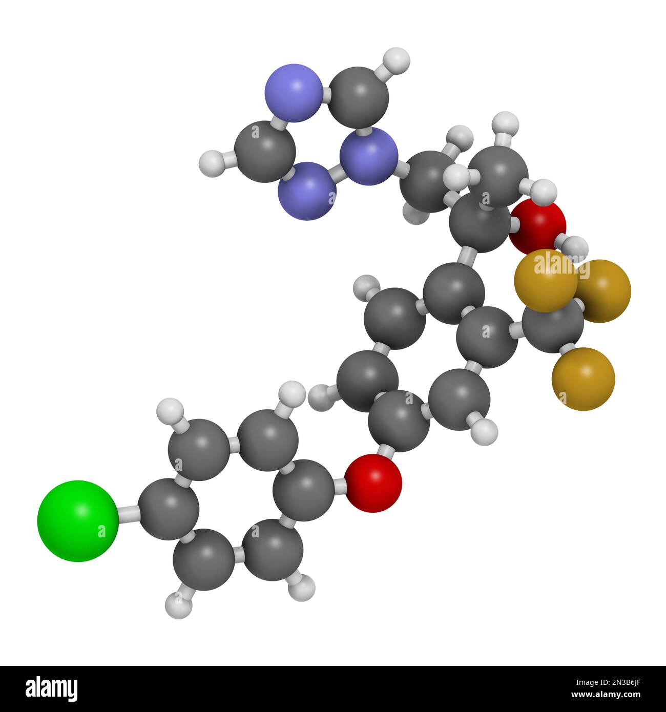 Molécule de fongicide de Mefentrifluconazole. 3D rendu. Les atomes sont représentés sous forme de sphères avec un codage couleur conventionnel : hydrogène (blanc), carbone (gris) Banque D'Images