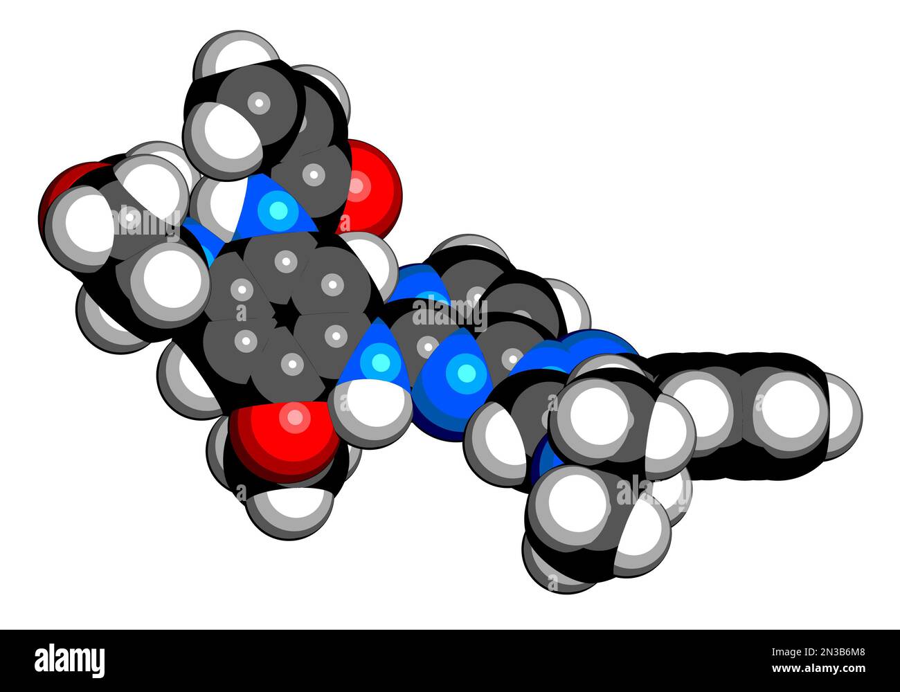 Molécule de médicament pour le cancer Lazertinib. 3D rendu. Les atomes sont représentés sous forme de sphères avec un codage couleur conventionnel : hydrogène (blanc), carbone (noir), nitr Banque D'Images