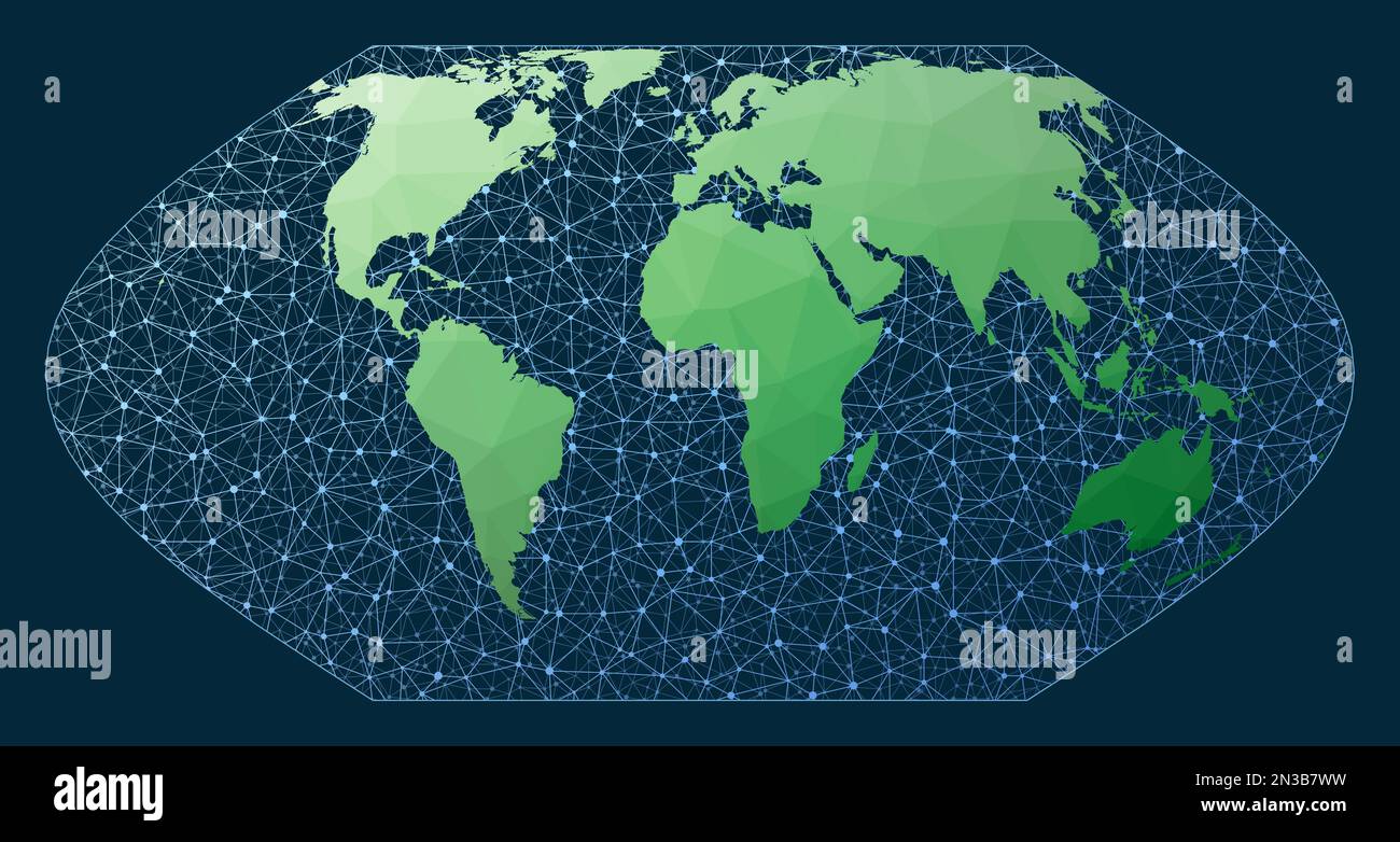 Internet et globe connecté mondial. Projection Eckert 6. Carte du monde low poly verte avec fond de réseau. Illustration de Vecteur