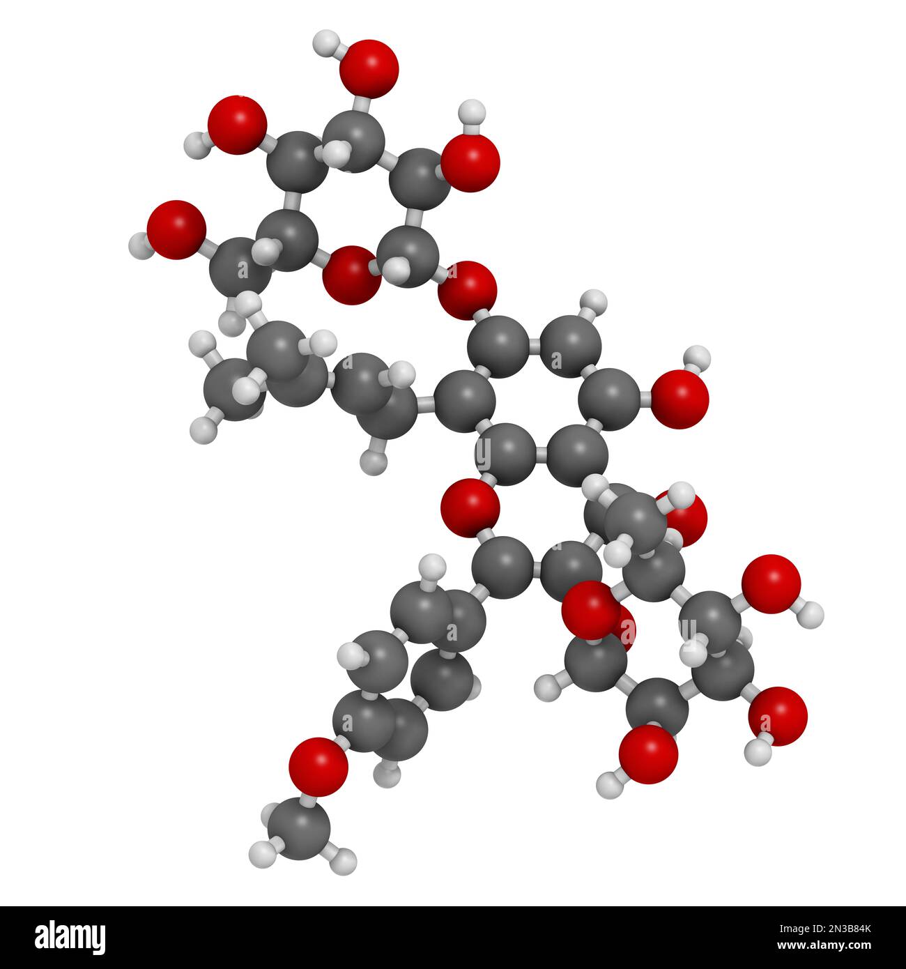 Molécule de flavonoïdes à base de plantes d'Icariin. 3D rendu. Les atomes sont représentés sous forme de sphères avec un codage couleur conventionnel : hydrogène (blanc), carbone (gris), oxy Banque D'Images