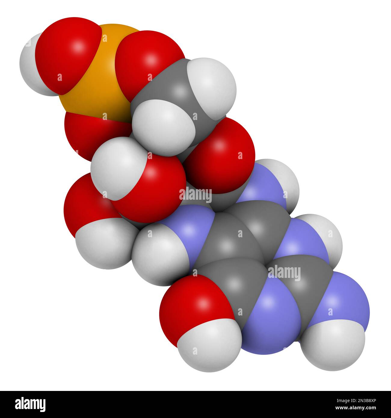 Molécule de médicament de Fosdenoptérine. 3D rendu. Les atomes sont représentés sous forme de sphères avec un codage couleur conventionnel : hydrogène (blanc), carbone (gris), azote Banque D'Images