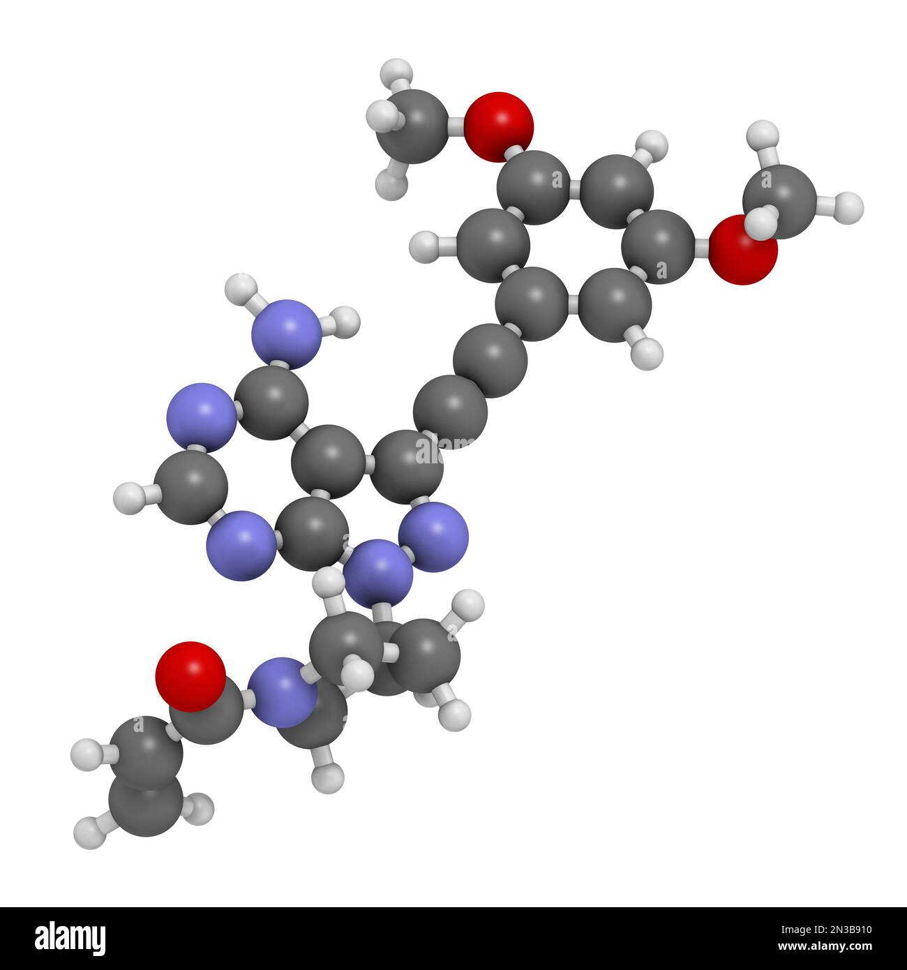 Molécule de Futibatinib en oncologie. 3D rendu. Les atomes sont représentés sous forme de sphères avec un codage couleur conventionnel : hydrogène (blanc), carbone (gris), ni Banque D'Images