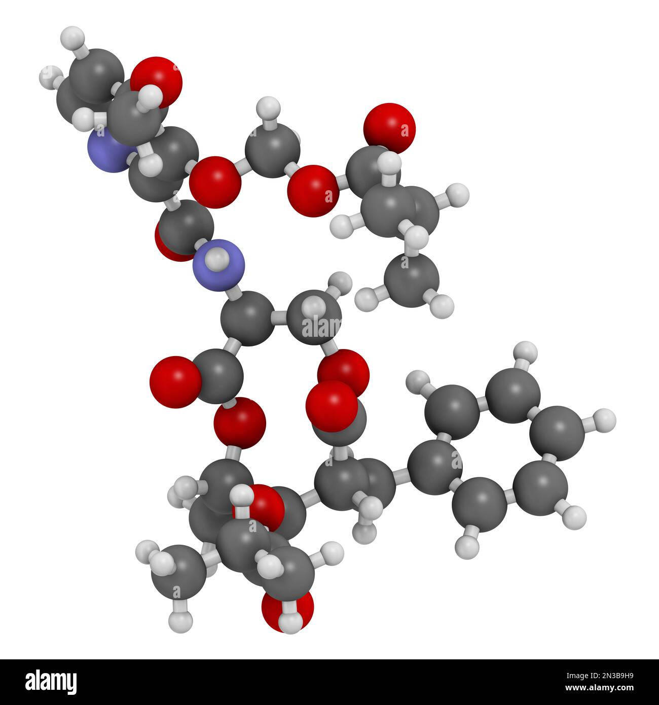 Molécule de fongicide Fenicoxamid. 3D rendu. Les atomes sont représentés sous forme de sphères avec un codage couleur conventionnel : hydrogène (blanc), carbone (gris), oxyge Banque D'Images