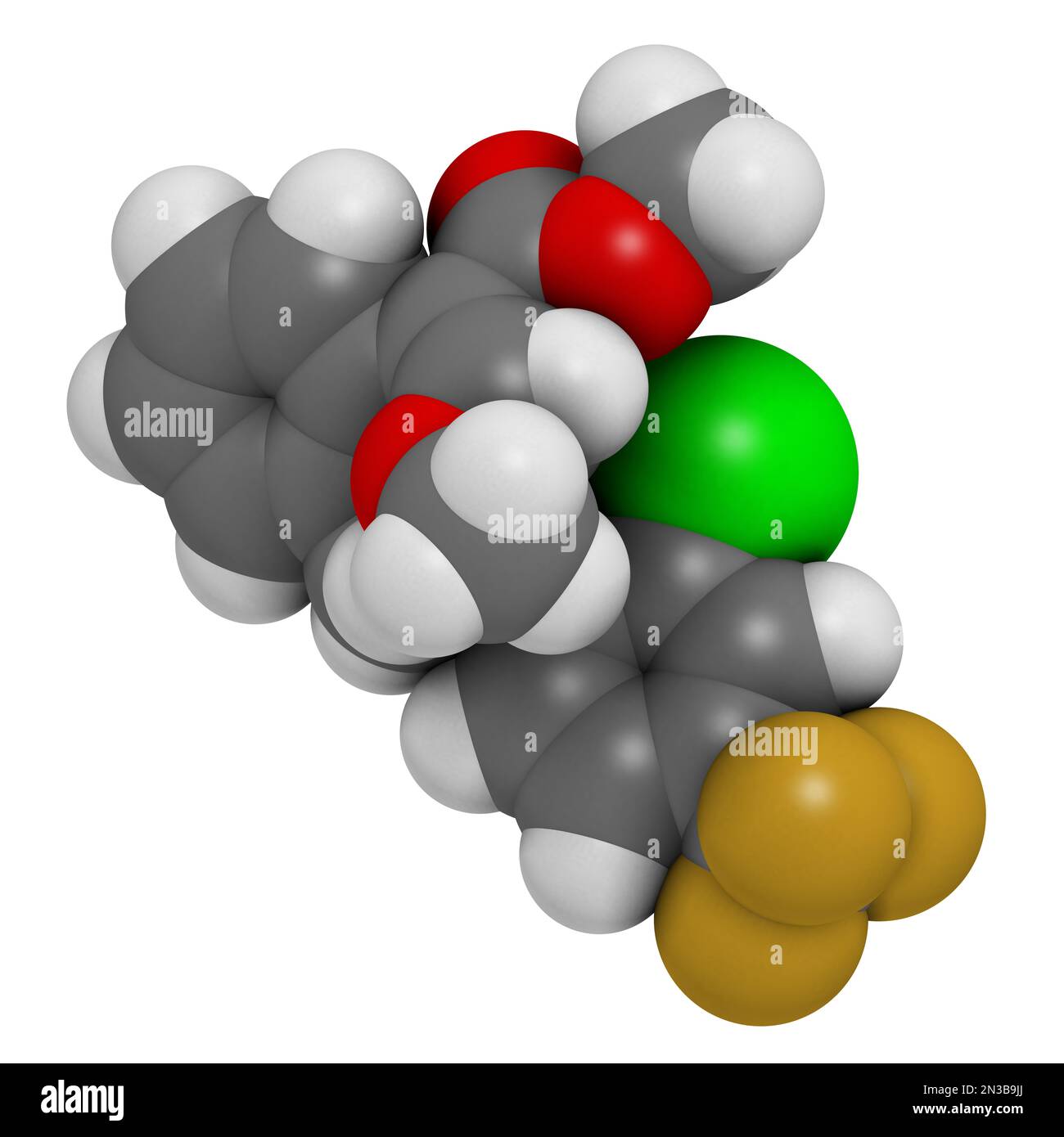 Molécule de fongicide de Flufenoxystrobine. 3D rendu. Les atomes sont représentés sous forme de sphères avec un codage couleur conventionnel : hydrogène (blanc), carbone (gris), o Banque D'Images