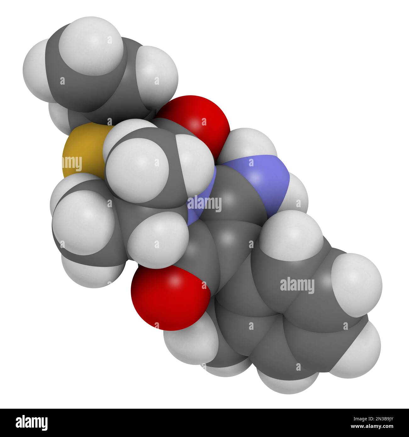 Molécule fongicide de Fenpyrazamine. 3D rendu. Les atomes sont représentés sous forme de sphères avec un codage couleur conventionnel : hydrogène (blanc), carbone (gris), oxyg Banque D'Images