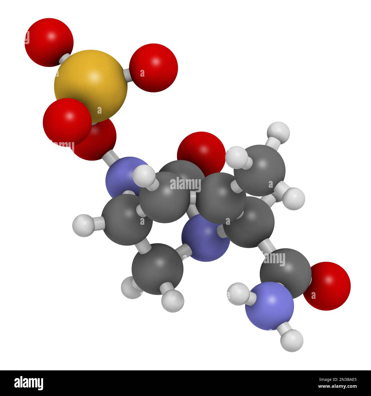 Molécule de médicament antibiotique Durlobactam. 3D rendu. Les atomes sont représentés sous forme de sphères avec un codage couleur conventionnel : hydrogène (blanc), carbone (gris), Banque D'Images