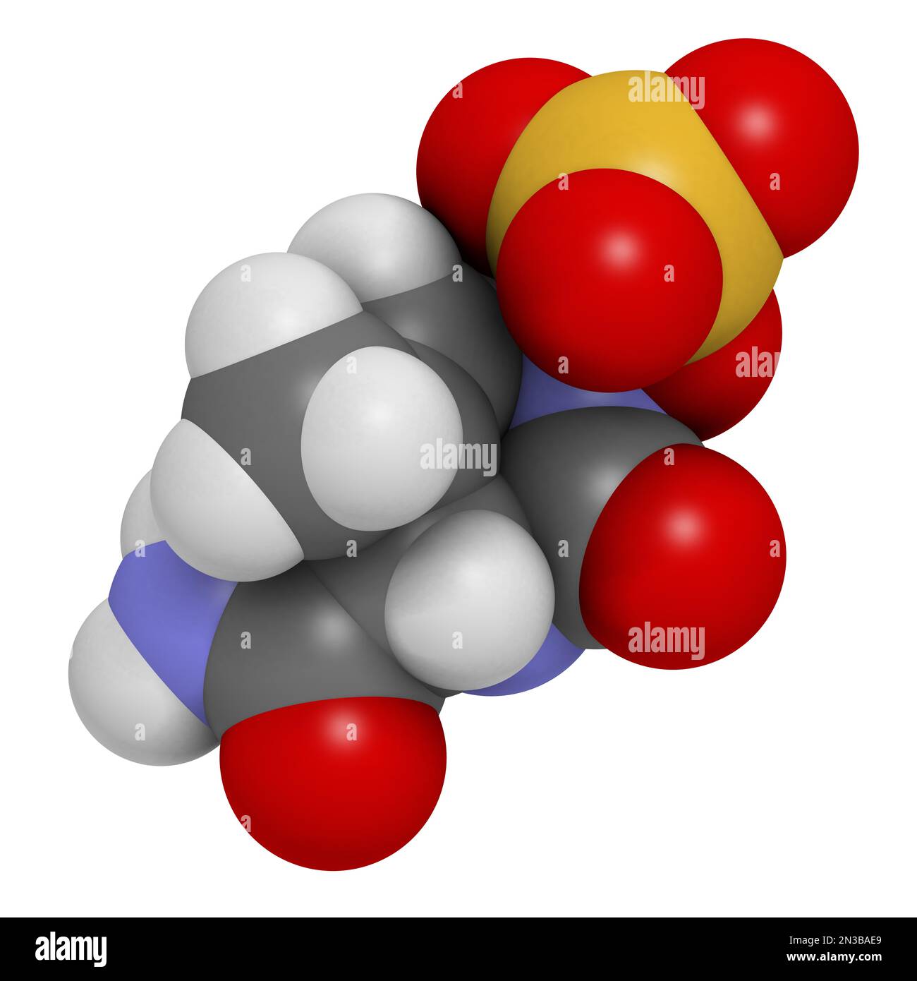 Molécule de médicament antibiotique Durlobactam. 3D rendu. Les atomes sont représentés sous forme de sphères avec un codage couleur conventionnel : hydrogène (blanc), carbone (gris), Banque D'Images